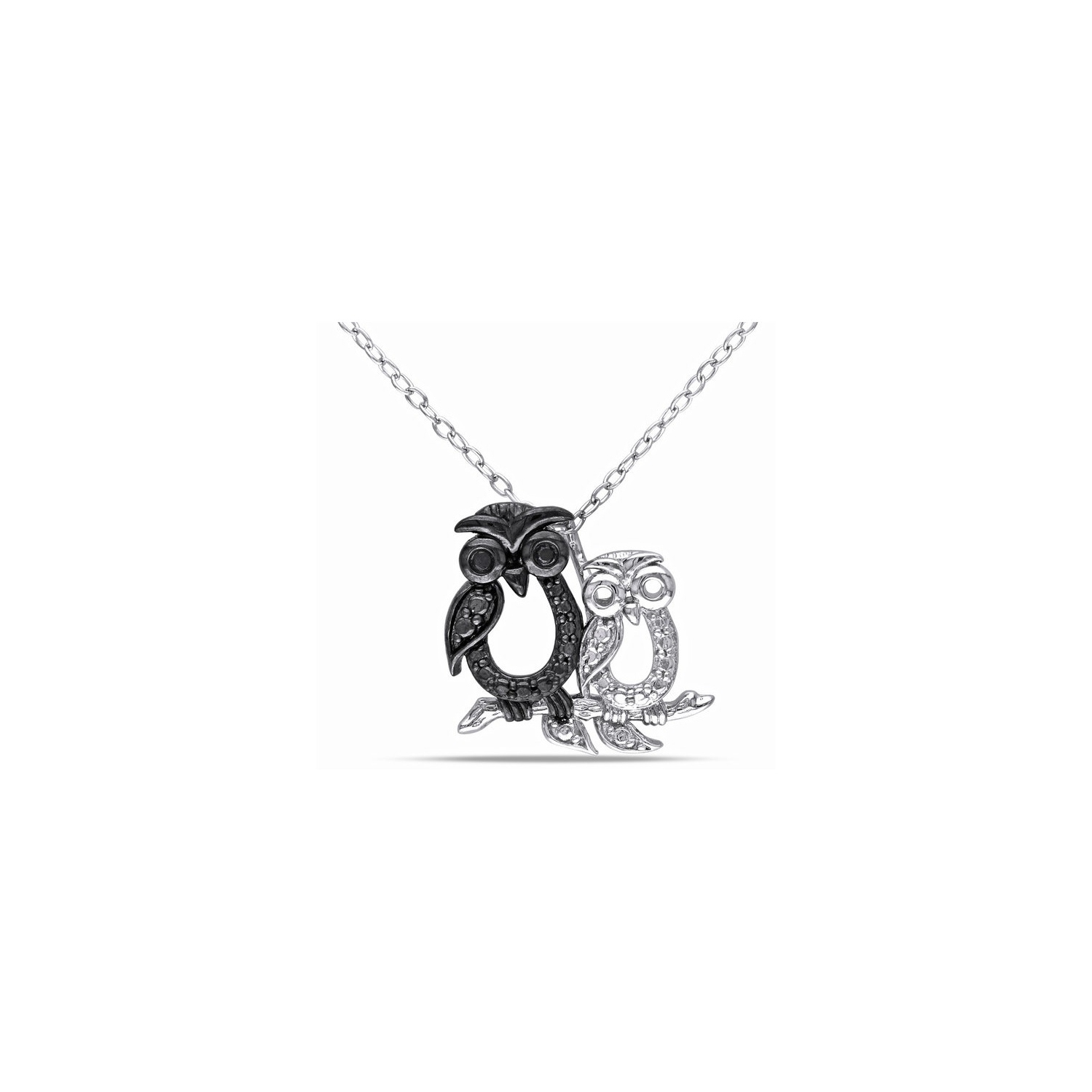 Black Accent Diamond Double Owl Charm Pendant Necklace in Sterling Silver with Chain