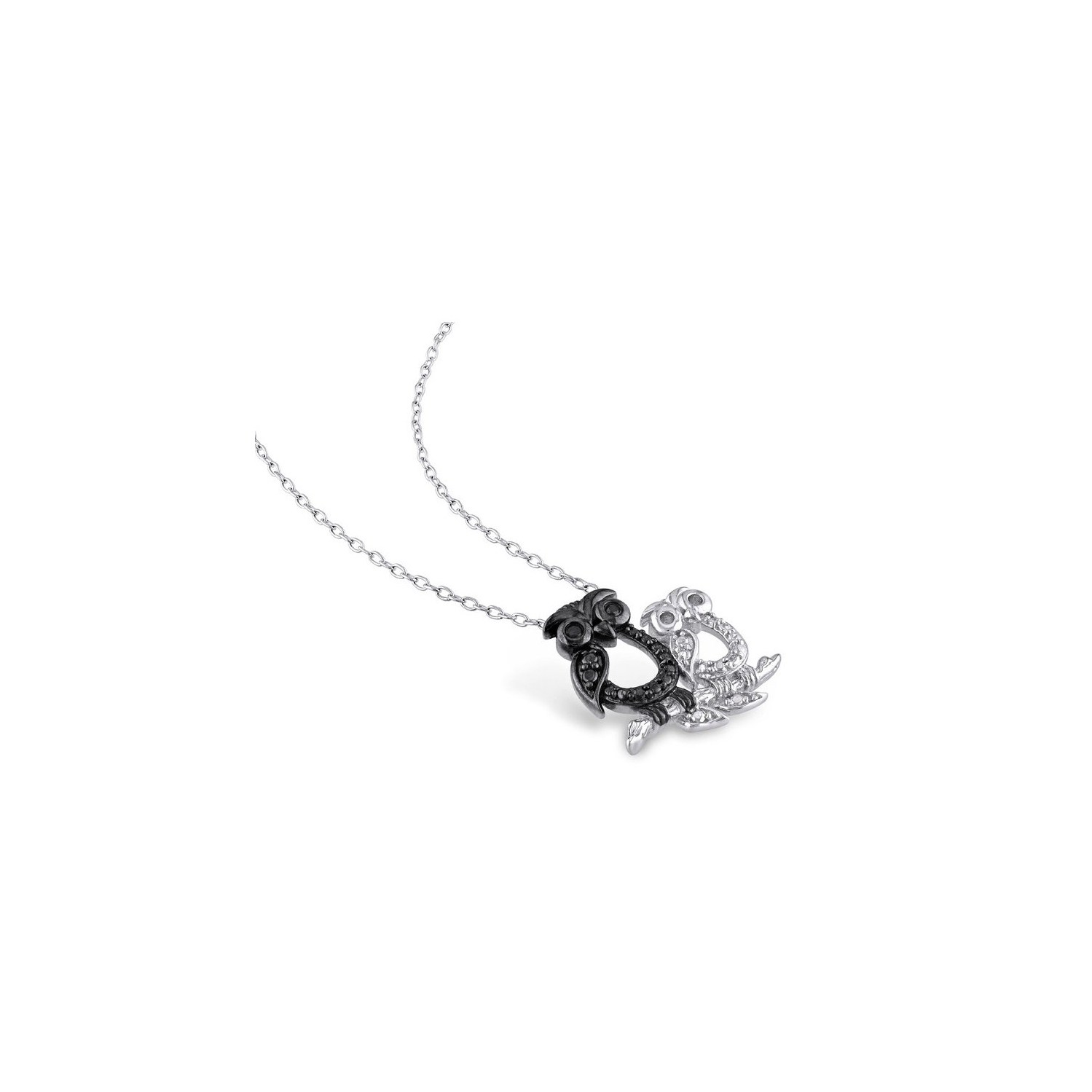 Black Accent Diamond Double Owl Charm Pendant Necklace in Sterling Silver with Chain