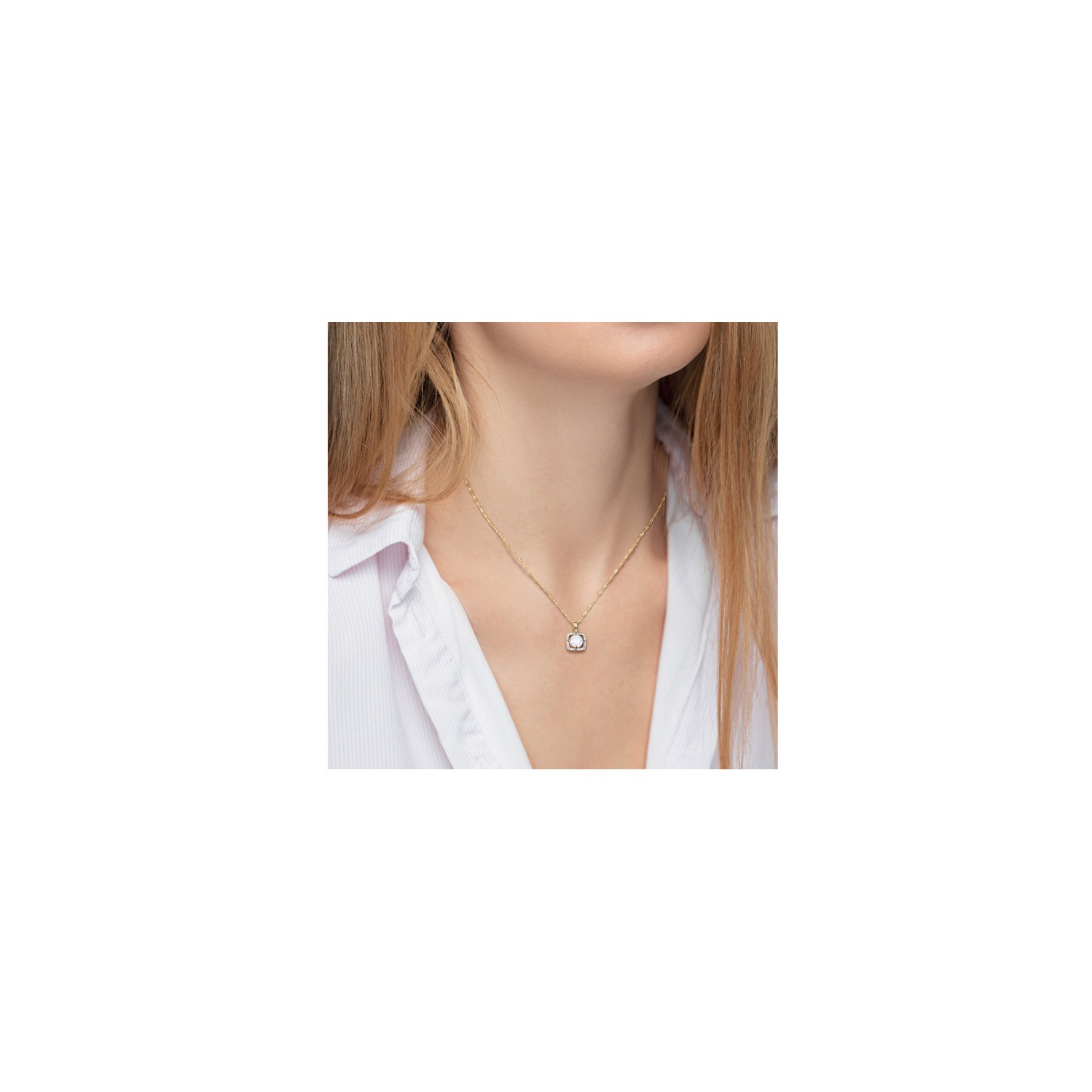 3/5 Carat Opal Halo Pendant Necklace in 10K Yellow Gold with Chain with Diamonds