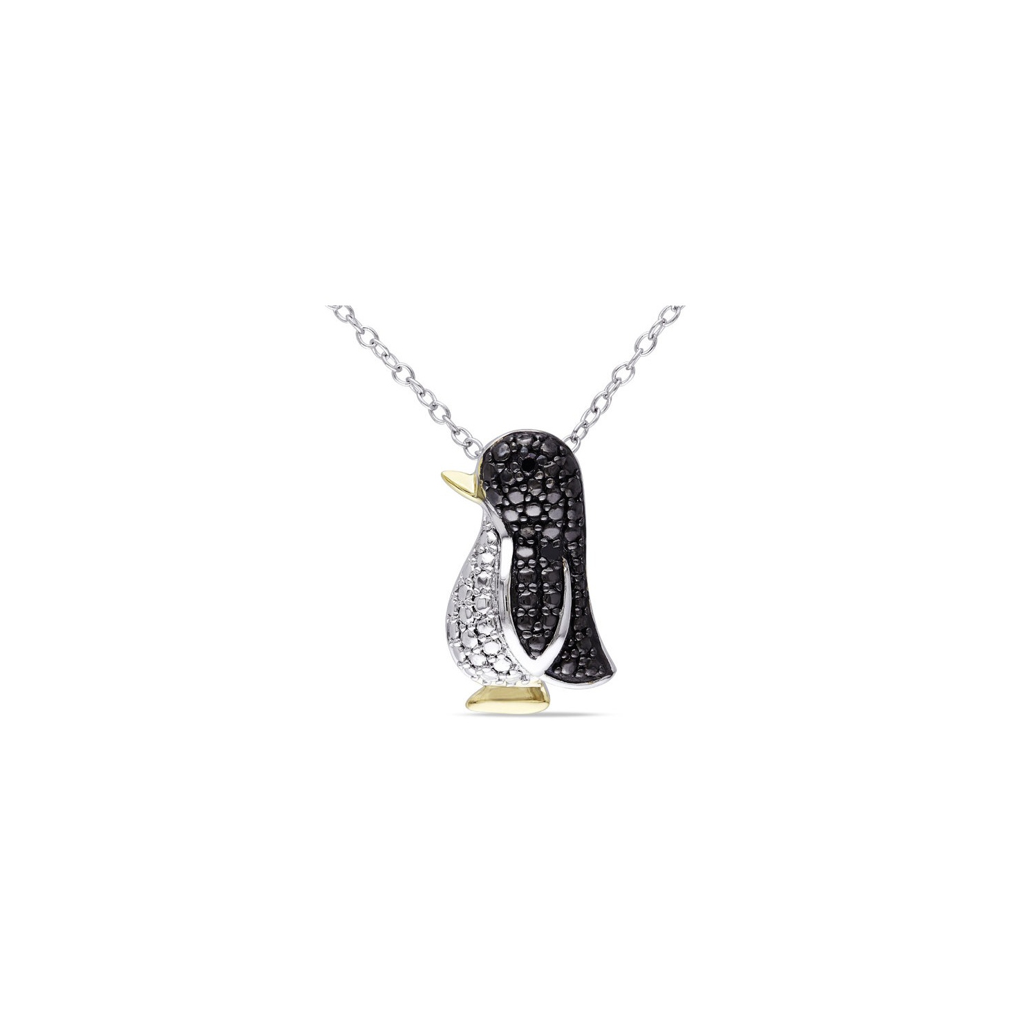 Black Accent Diamond Penguin Charm Pendant Necklace in Sterling Silver with Chain