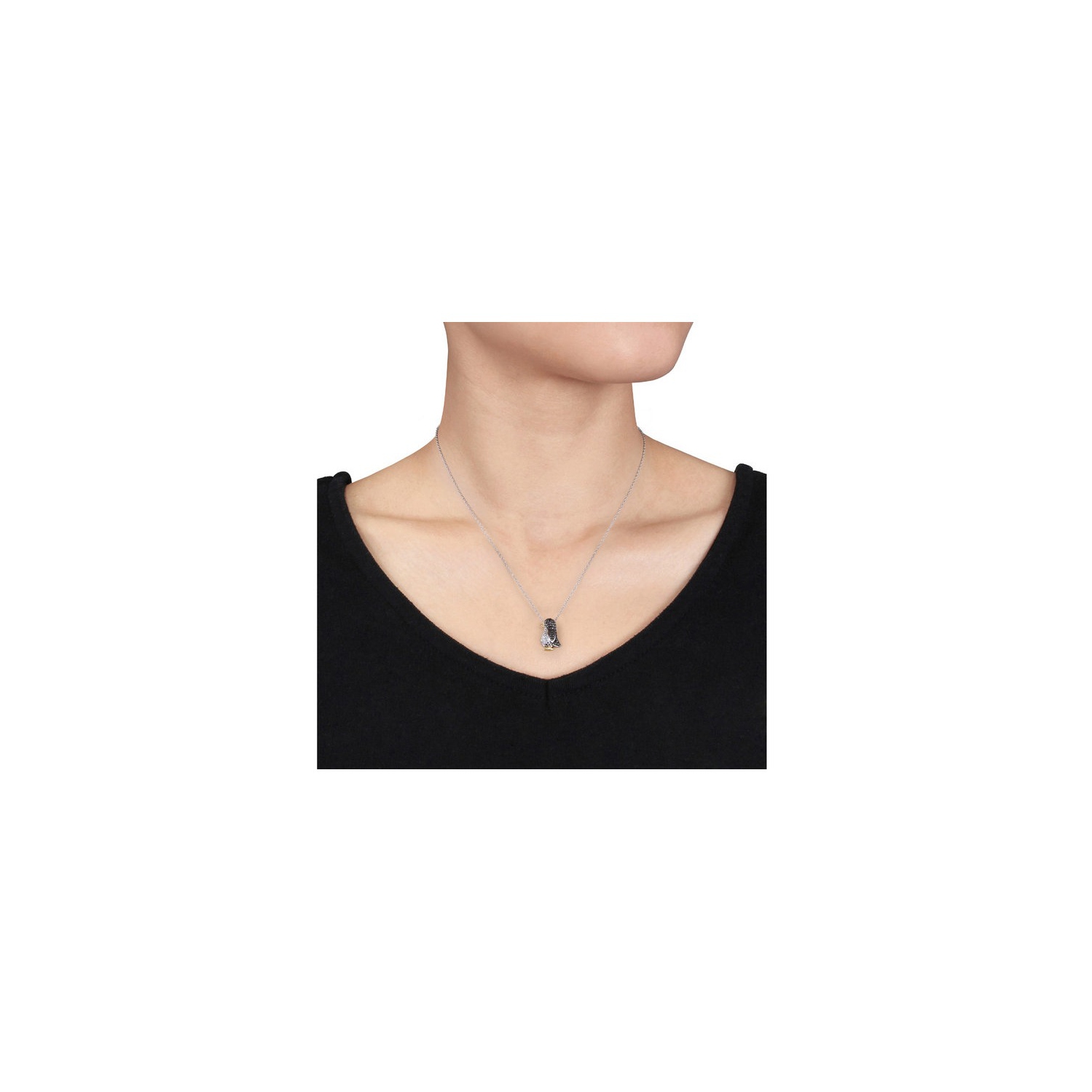 Black Accent Diamond Penguin Charm Pendant Necklace in Sterling Silver with Chain