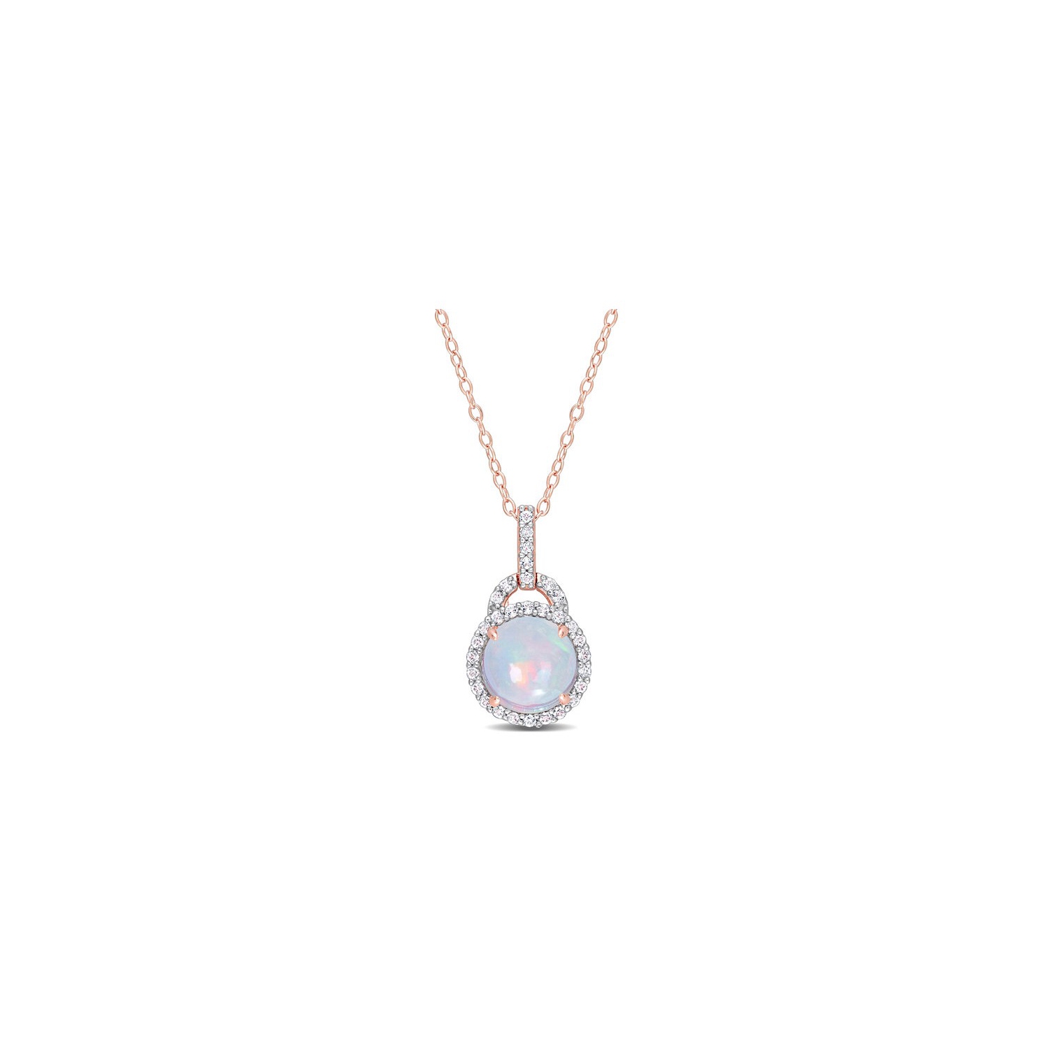 3.26 Carat Blue Opal and White Topaz Halo Pendant Necklace in Rose Sterling Silver with Chain