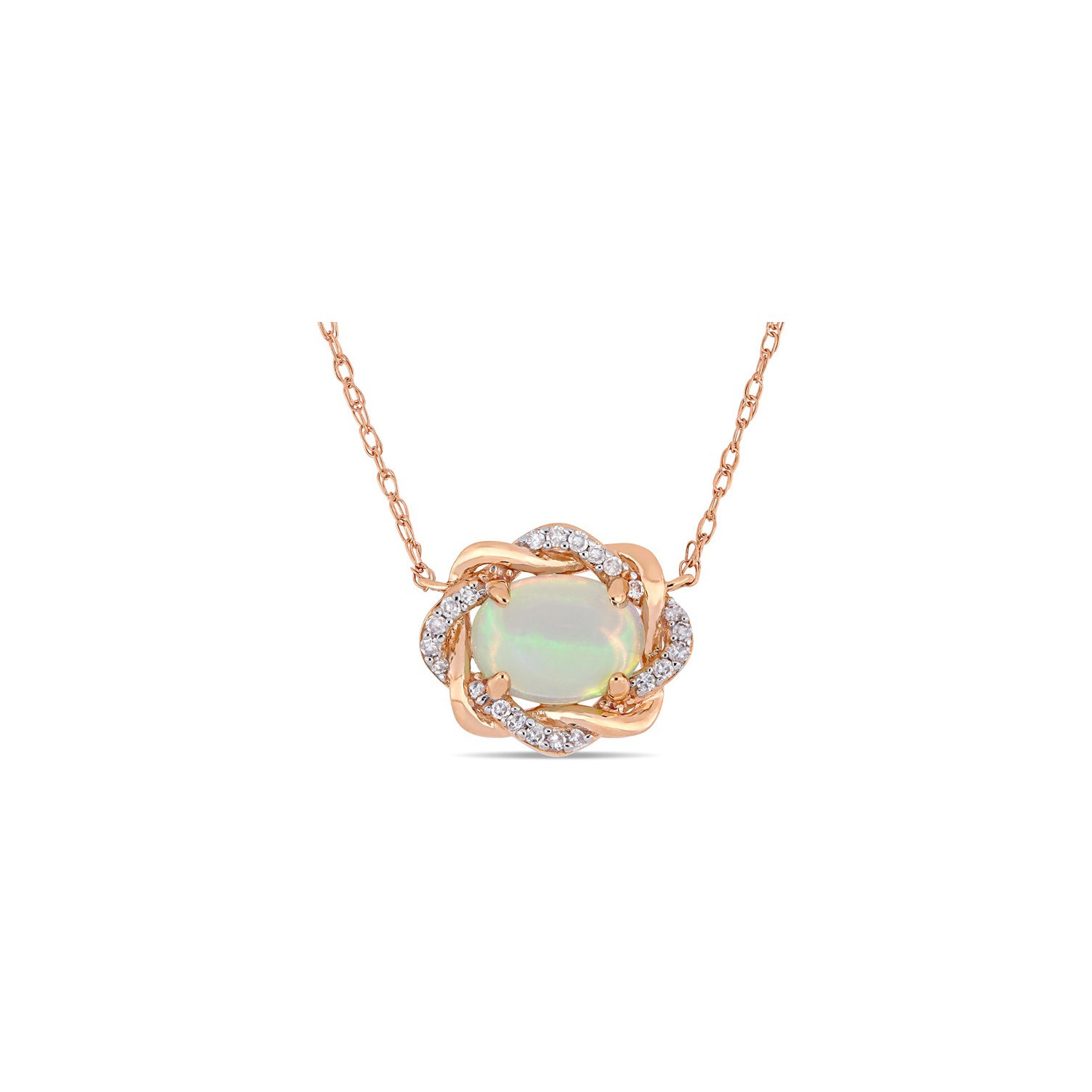 3/4 Carat Ethiopian Blue Opal Halo Necklace in 10K Rose Gold with Chain