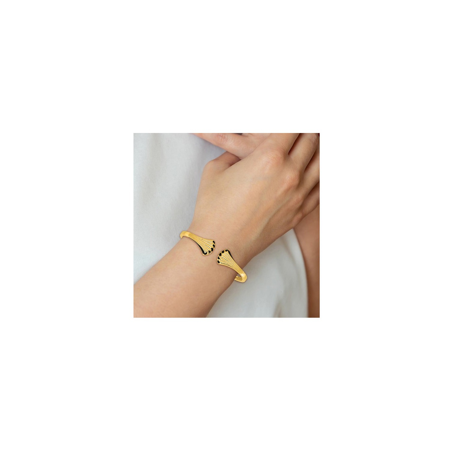Bracelet rigide à charnière et coquillage en or jaune 14K ct avec émail noir