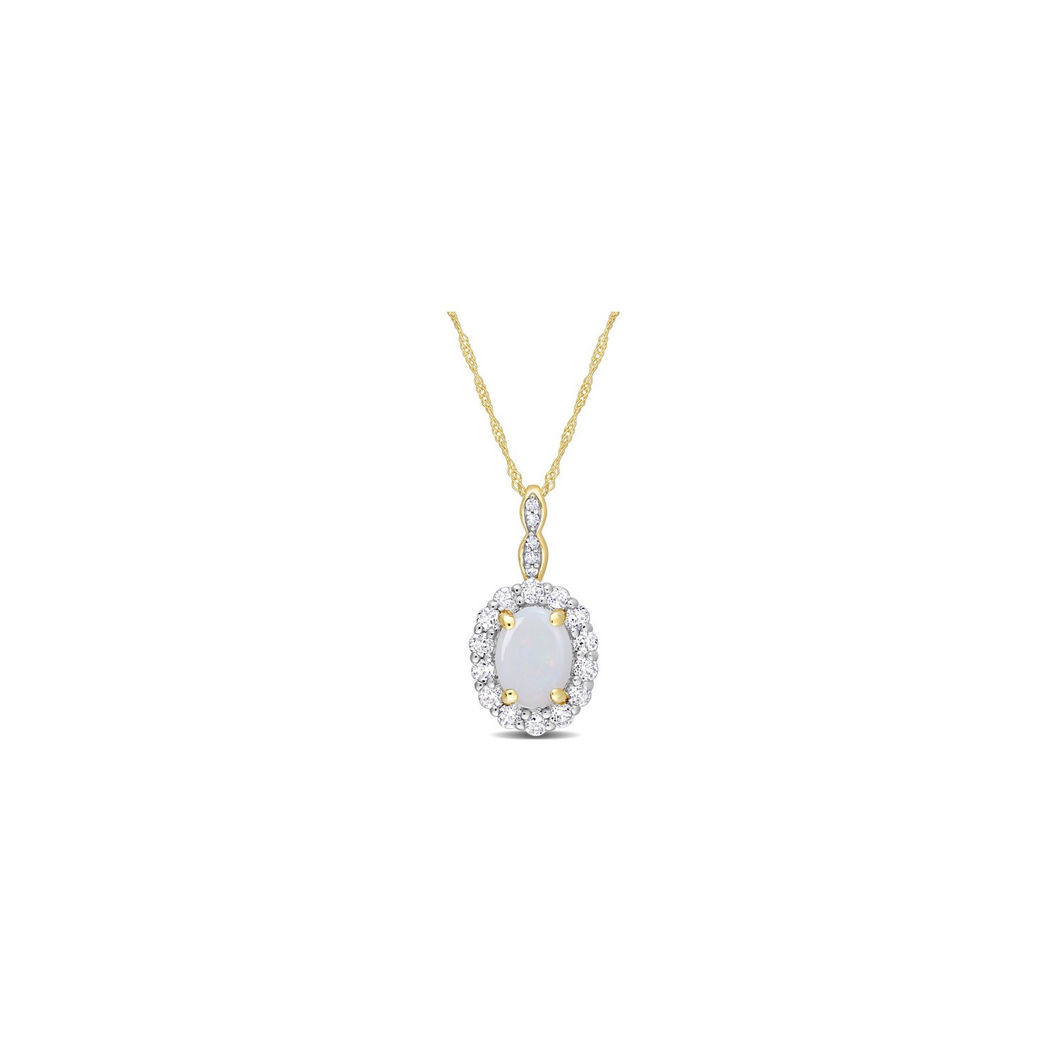 1.47 Carat Opal and White Topaz Halo Pendant Necklace in 14K Yellow Gold with Chain
