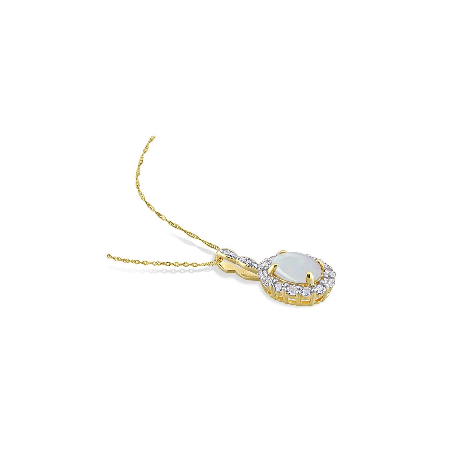 1.47 Carat Opal and White Topaz Halo Pendant Necklace in 14K Yellow Gold with Chain