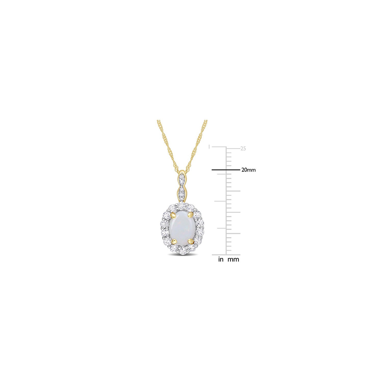 1.47 Carat Opal and White Topaz Halo Pendant Necklace in 14K Yellow Gold with Chain