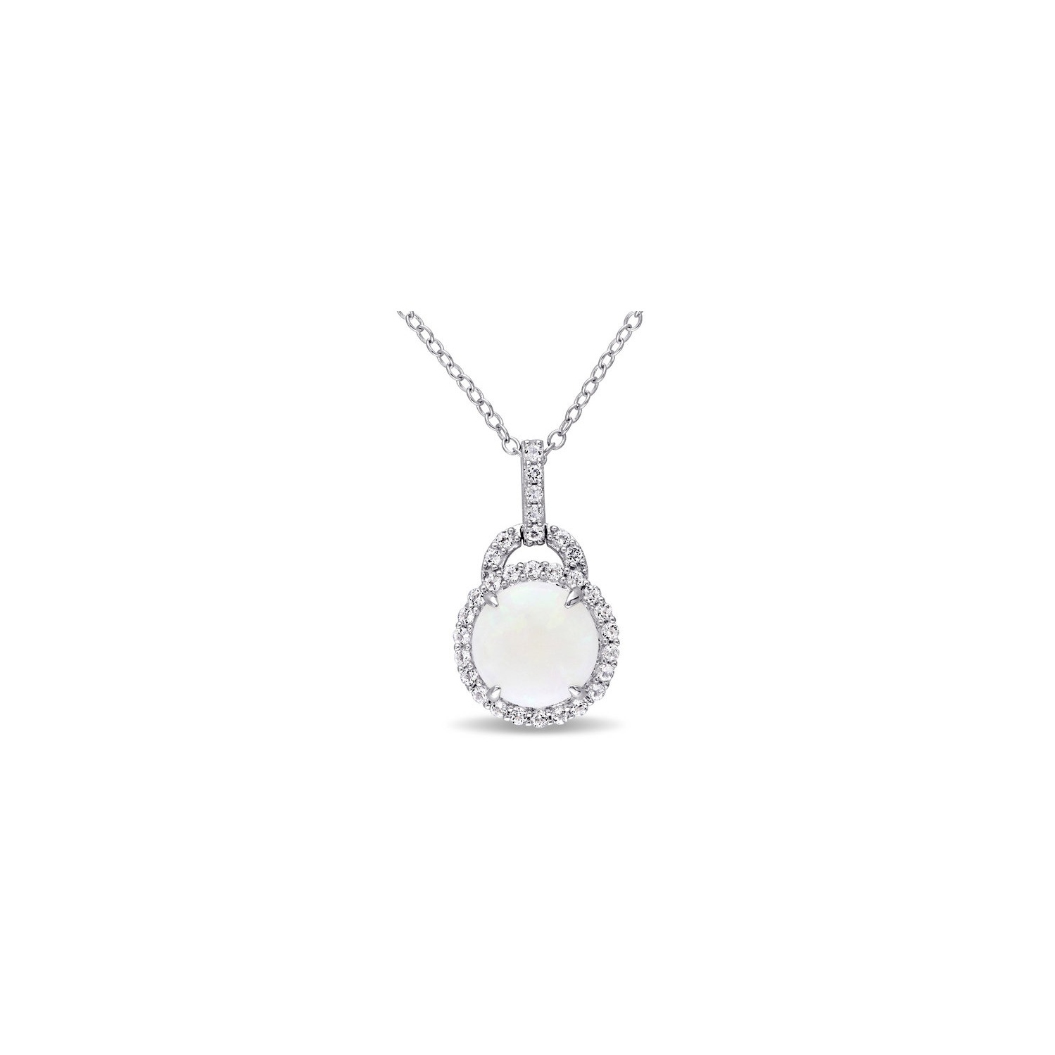 2.16 Carat Opal and White Topaz Halo Pendant Necklace in Sterling Silver with Chain