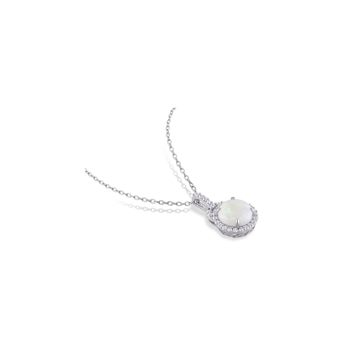 2.16 Carat Opal and White Topaz Halo Pendant Necklace in Sterling Silver with Chain