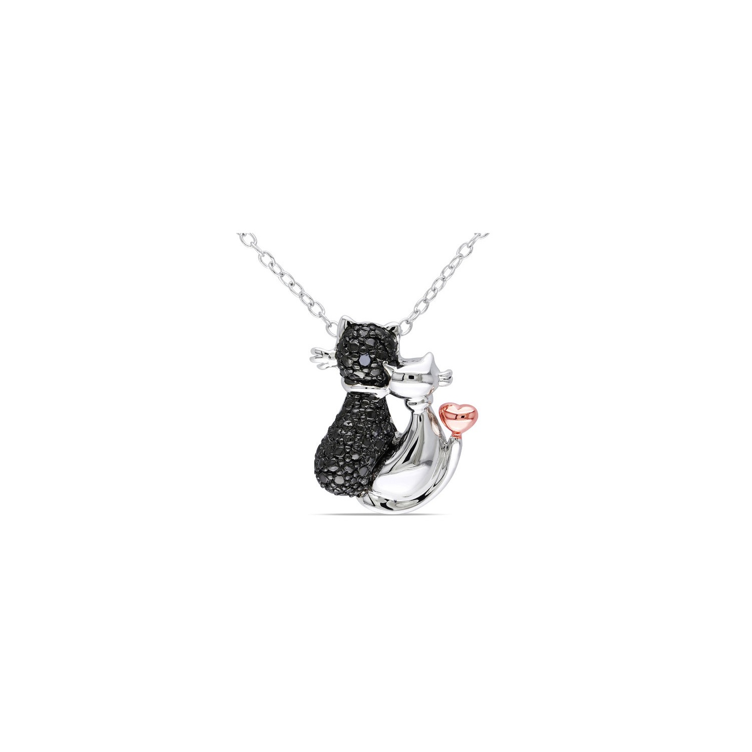 Black Accent Diamond Cat Love Charm Pendant Necklace in Sterling Silver with Chain