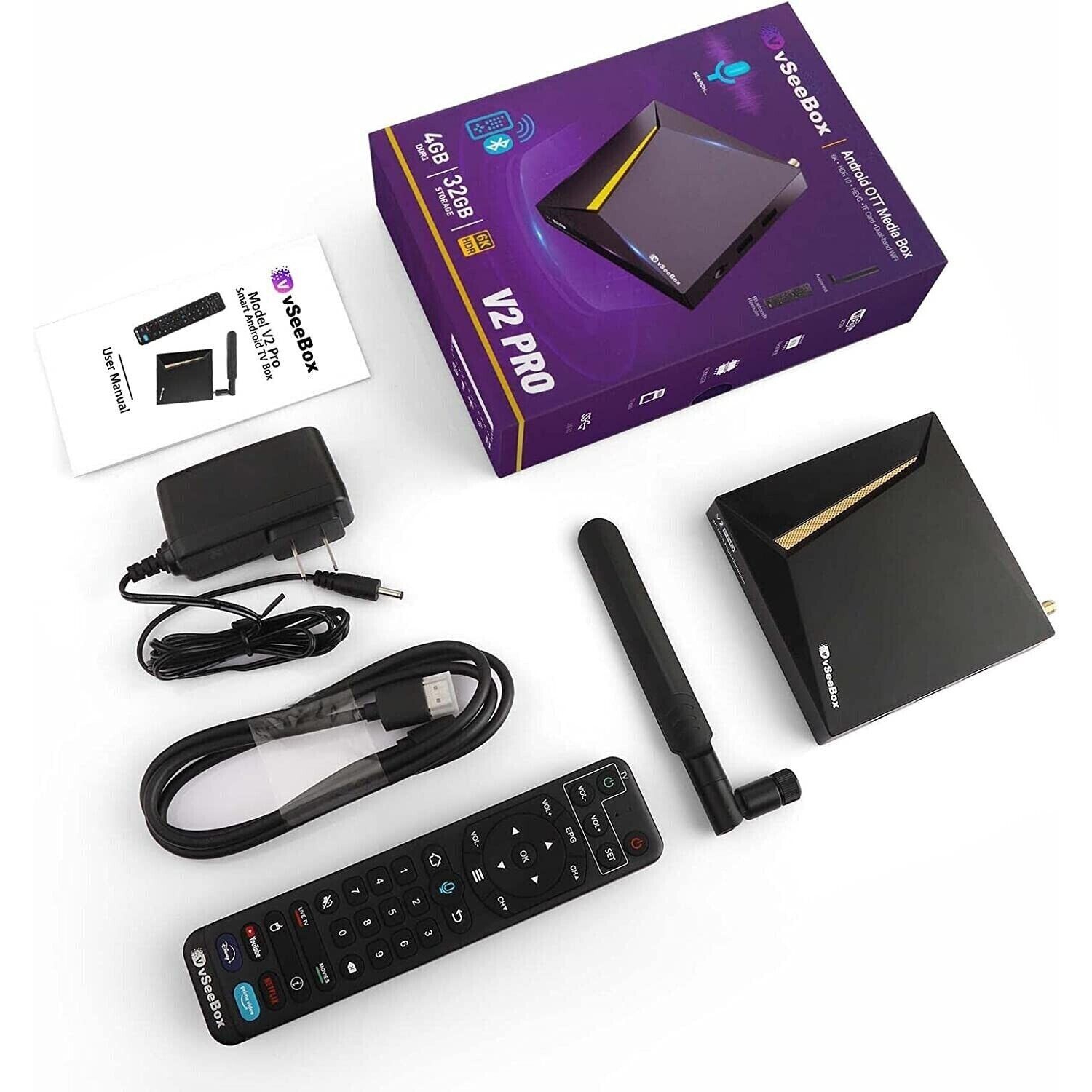 vSeeBox V2 Pro Streamer Latest Model with Voice Remote Control, 4GB RAM + 32GB ROM 4K Res. Upgraded Wi-Fi Module up to 867mbps Wi-Fi Speed 2.4GHz/5GHz. Quad-core ARM Cortex-A53