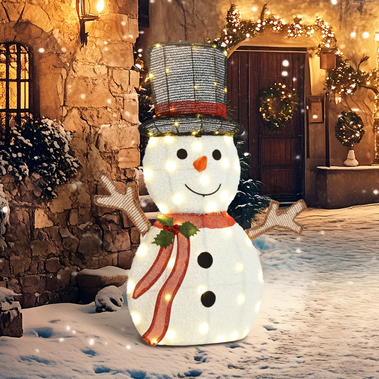 Bonhomme de neige illuminé Outsunny, 2,5FT bonhomme de neige lumineux avec 56 lumières à DEL, piquets, attaches pour intérieur, extérieur, cour,