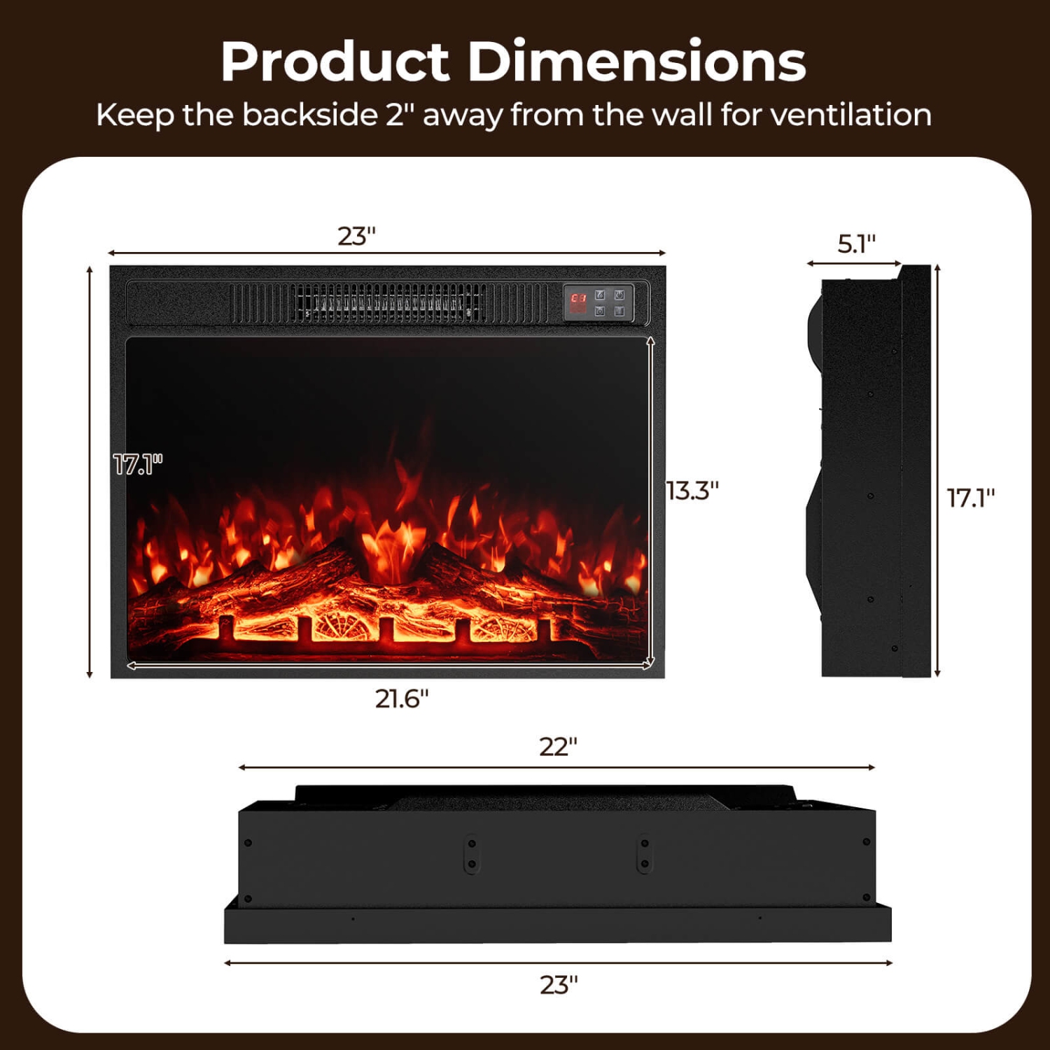 Costway 23" Electric Fireplace Insert with Remote Control Adjustable Flame Color Brightness