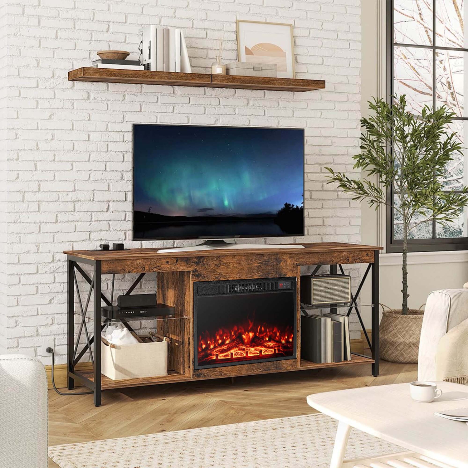Costway 23" Electric Fireplace Insert with Remote Control Adjustable Flame Color Brightness