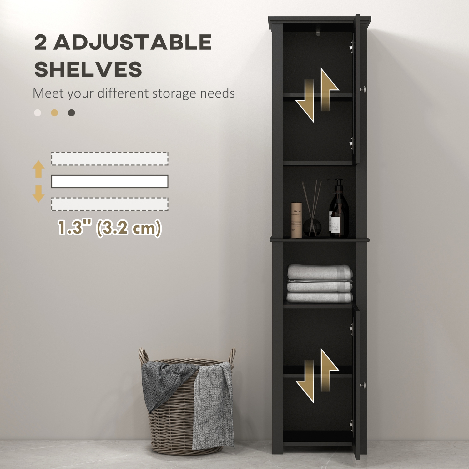 HOMCOM Tall Bathroom Storage Cabinet, Freestanding Narrow Storage Cabinet, Bathroom Floor Cabinet with Adjustable Shelves and 2 Doors, Black