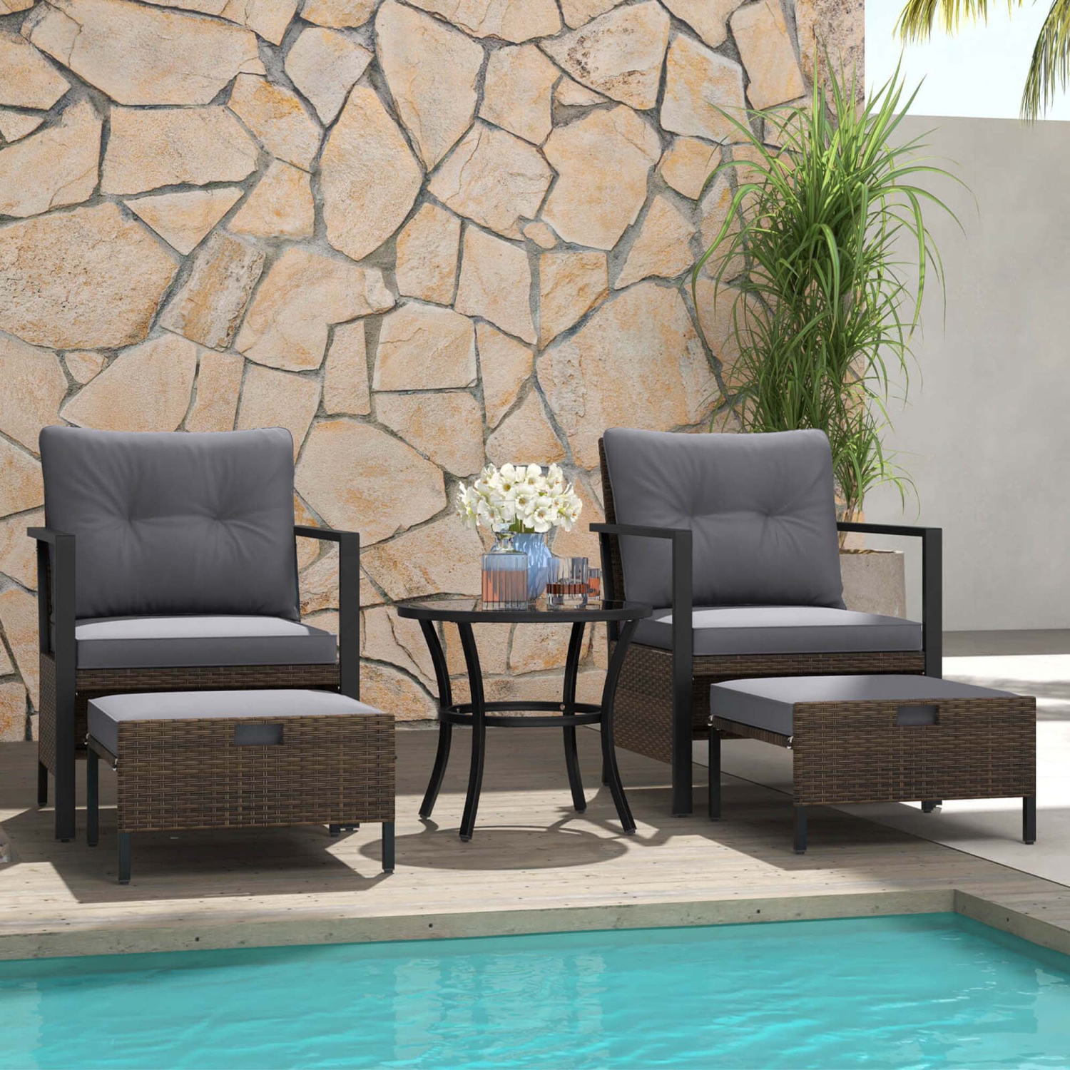 Costway 5 PCS Outdoor Furniture Set Rattan Chairs & Ottomans with Glass Topped Coffee Table
