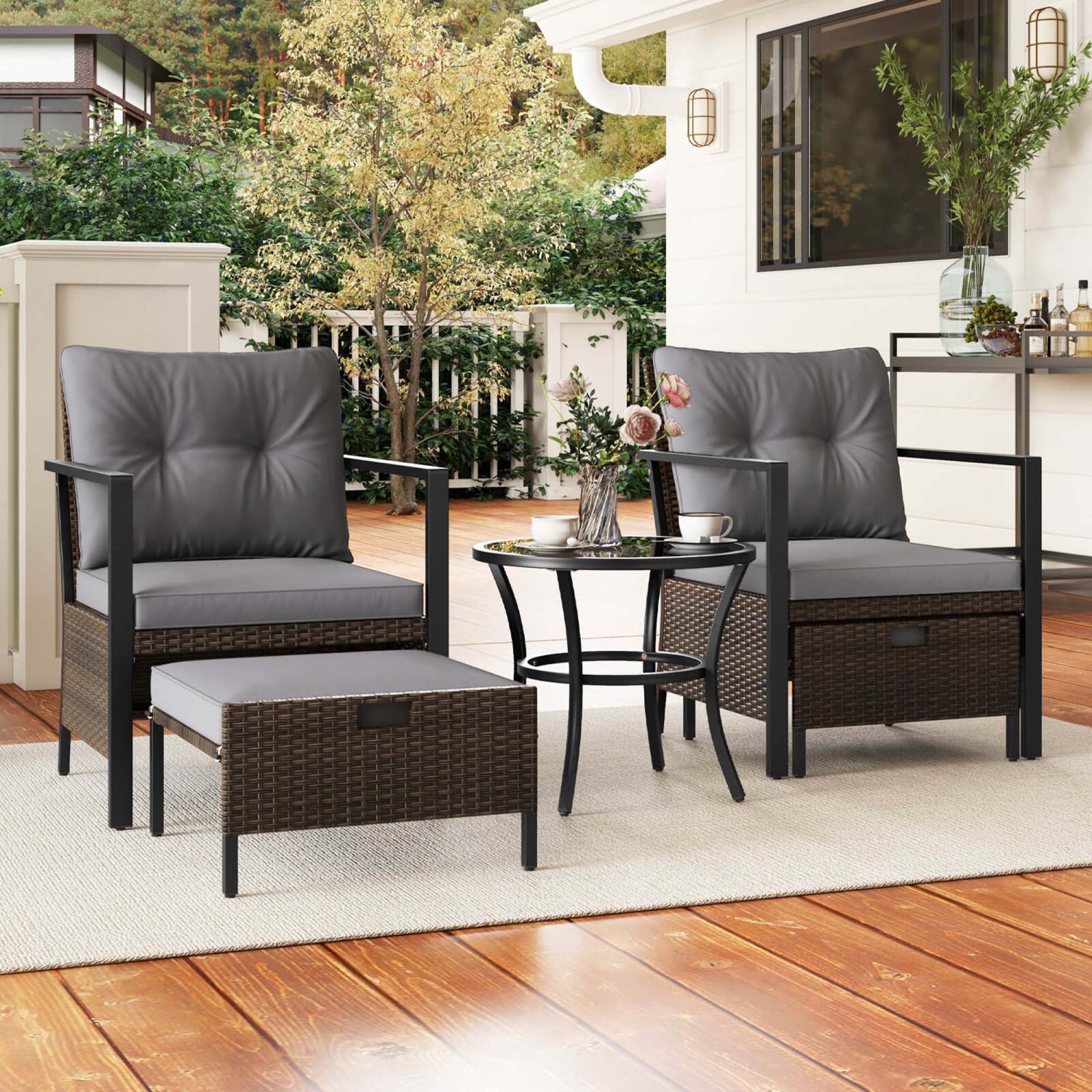 Costway 5 PCS Outdoor Furniture Set Rattan Chairs & Ottomans with Glass Topped Coffee Table