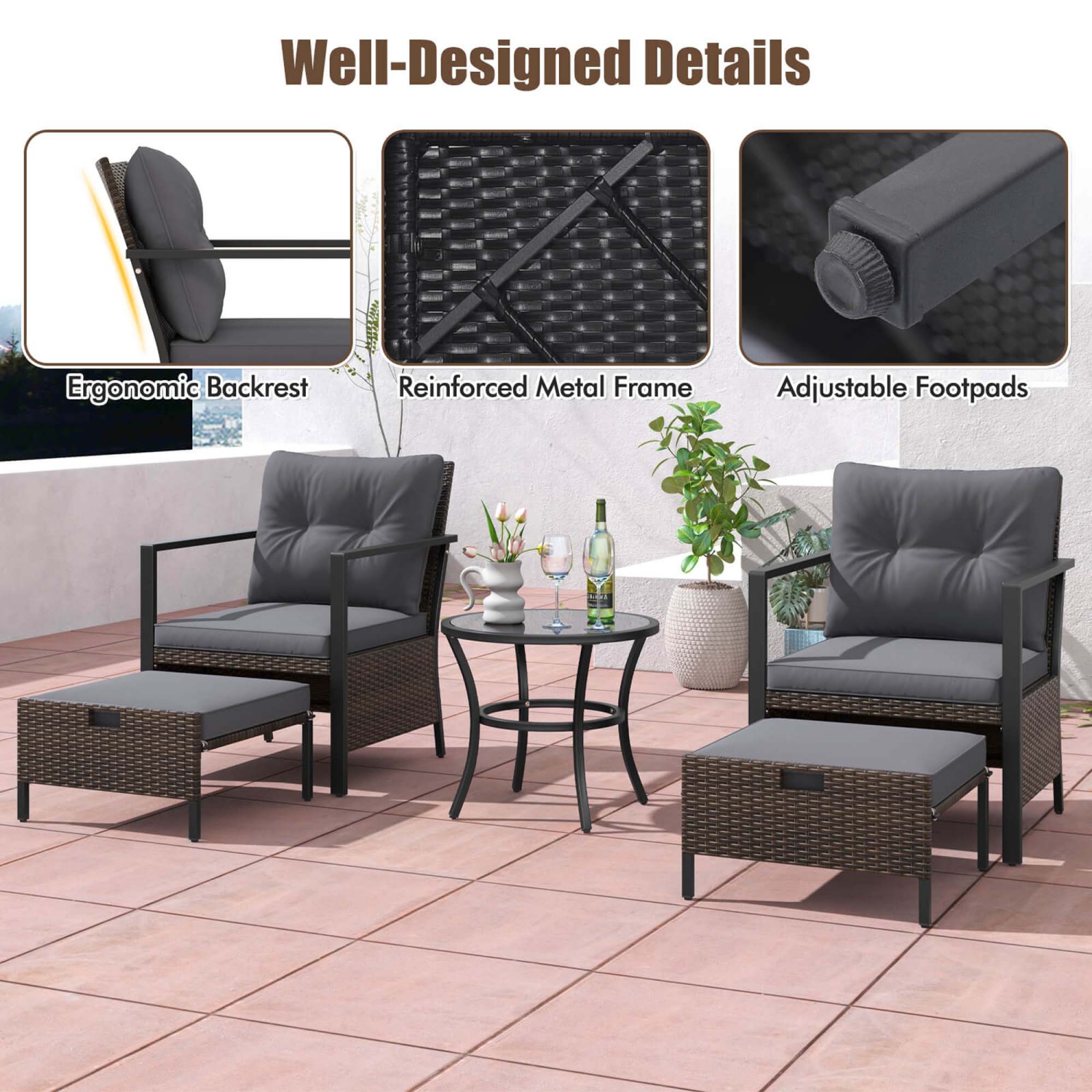 Costway 5 PCS Outdoor Furniture Set Rattan Chairs & Ottomans with Glass Topped Coffee Table