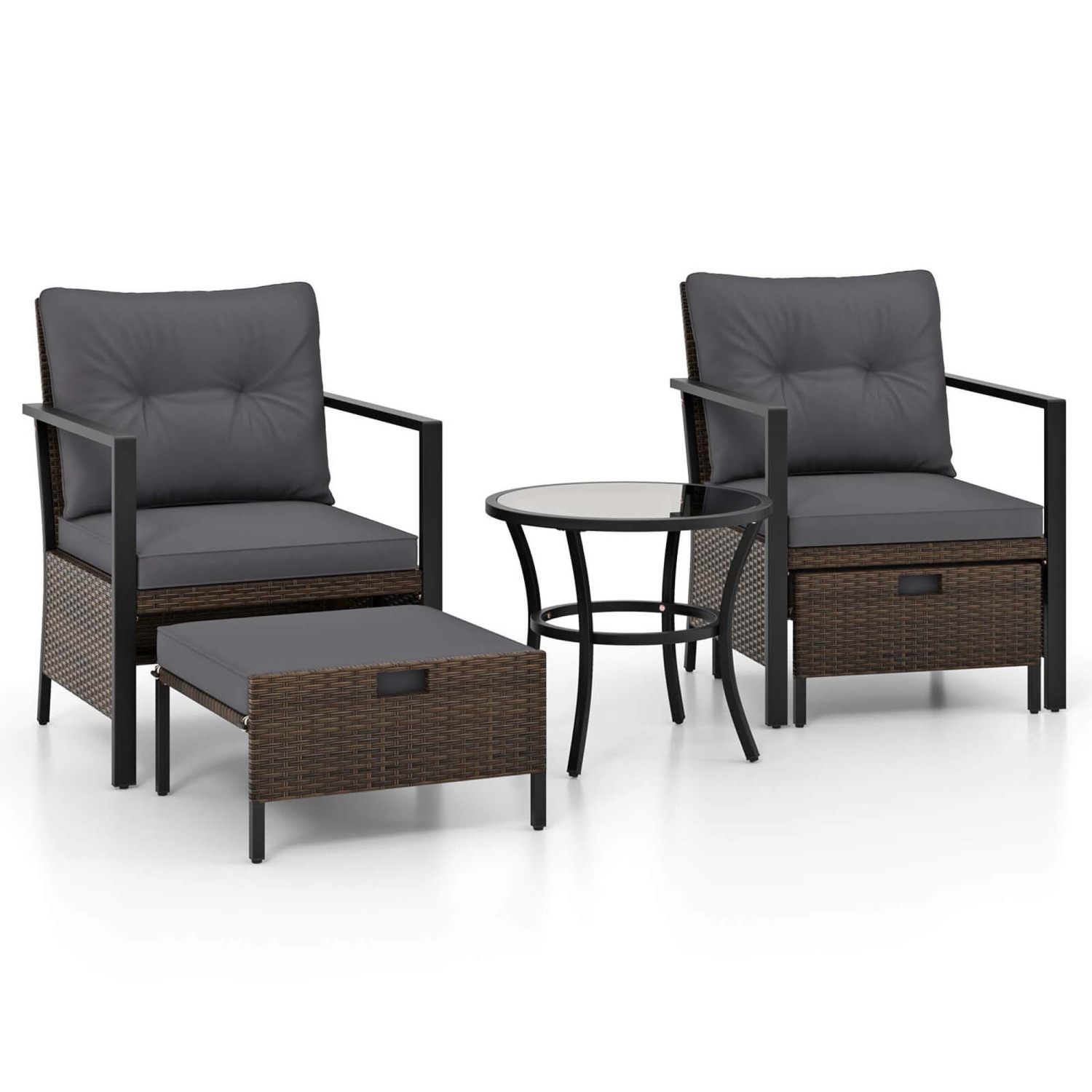 Costway 5 PCS Outdoor Furniture Set Rattan Chairs & Ottomans with Glass Topped Coffee Table
