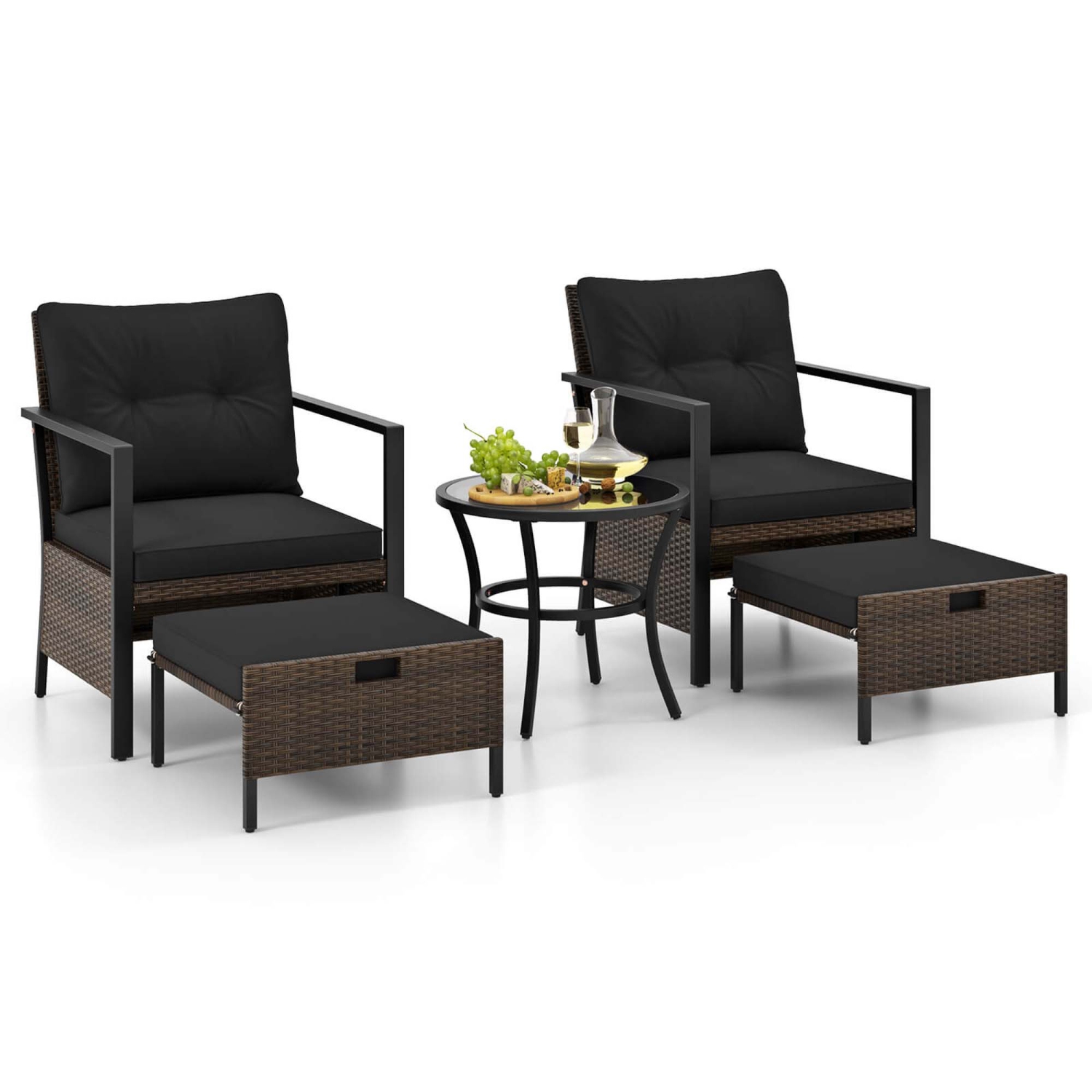 Costway 5 PCS Outdoor Furniture Set Rattan Chairs & Ottomans with Glass Topped Coffee Table