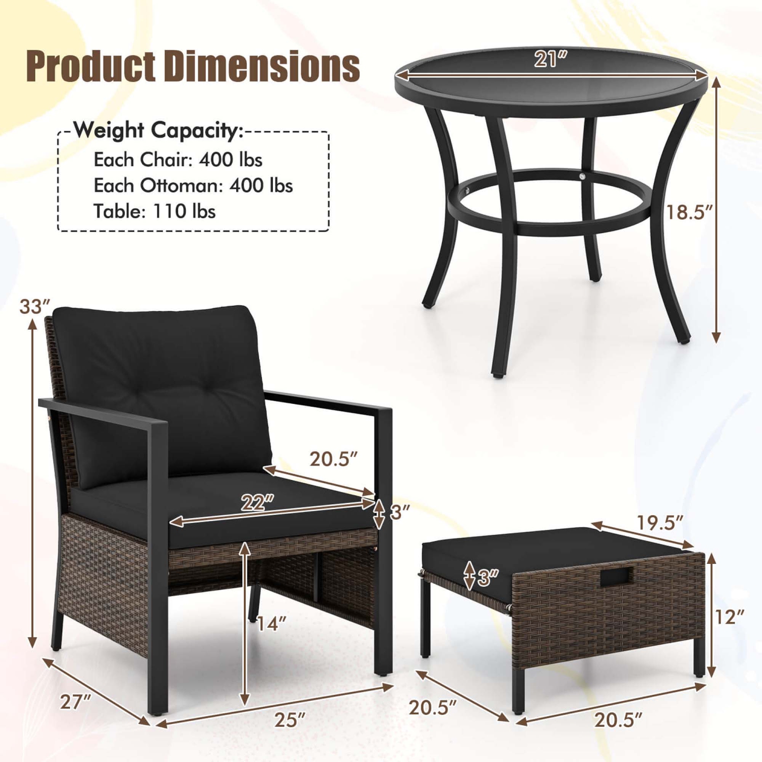Costway 5 PCS Outdoor Furniture Set Rattan Chairs & Ottomans with Glass Topped Coffee Table