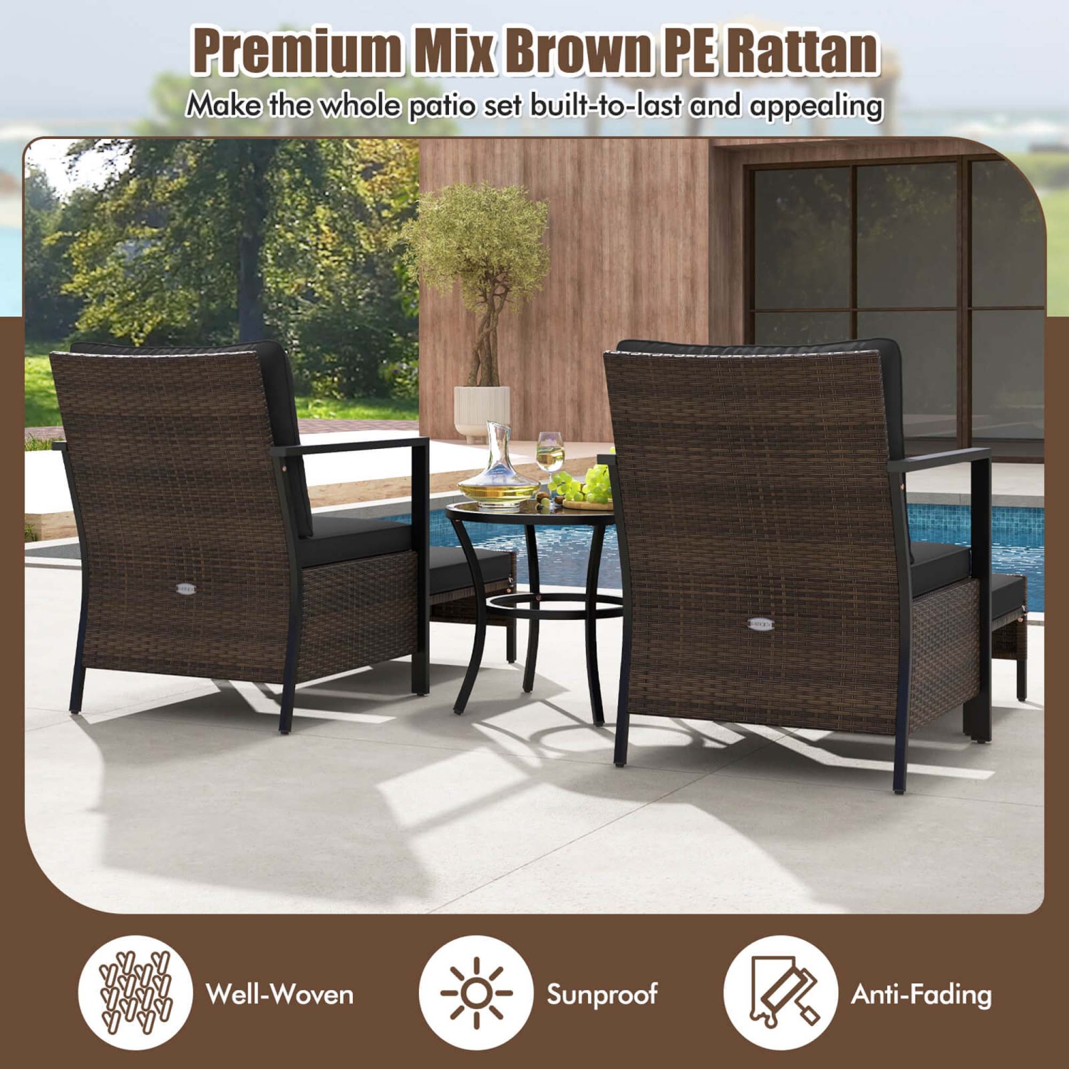 Costway 5 PCS Outdoor Furniture Set Rattan Chairs & Ottomans with Glass Topped Coffee Table