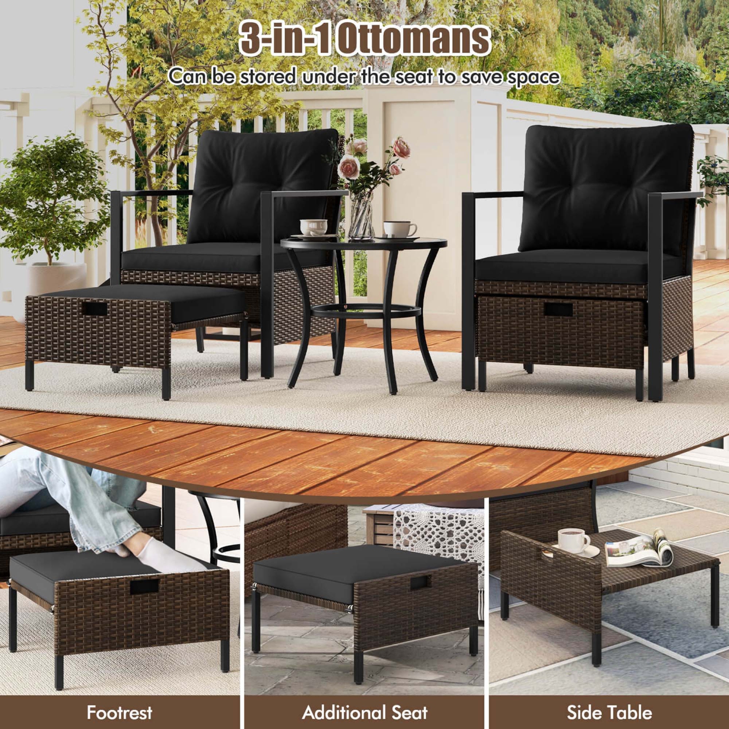 Costway 5 PCS Outdoor Furniture Set Rattan Chairs & Ottomans with Glass Topped Coffee Table