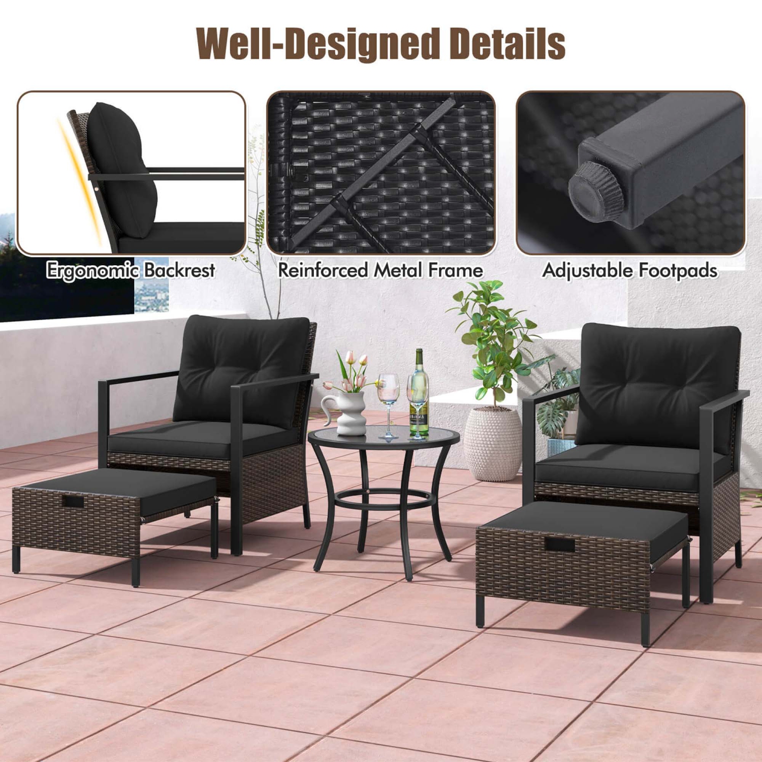 Costway 5 PCS Outdoor Furniture Set Rattan Chairs & Ottomans with Glass Topped Coffee Table