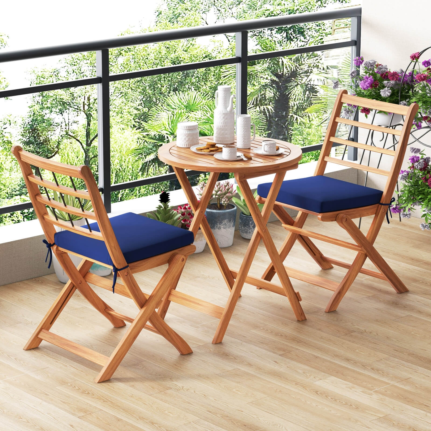 Costway 3 PCS Acacia Wood Patio Bistro Set Folding Outdoor Table and Chairs with Cushions