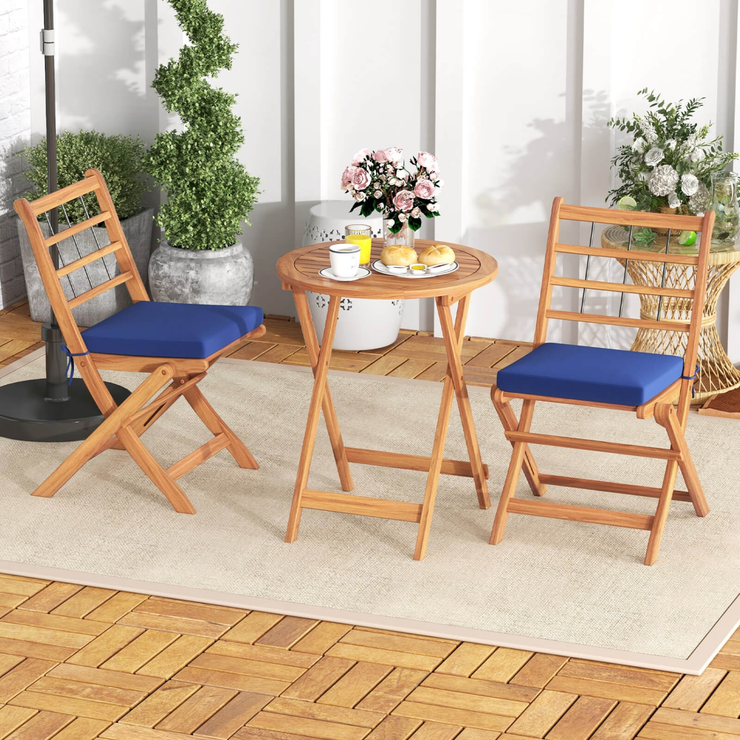 Costway 3 PCS Acacia Wood Patio Bistro Set Folding Outdoor Table and Chairs with Cushions