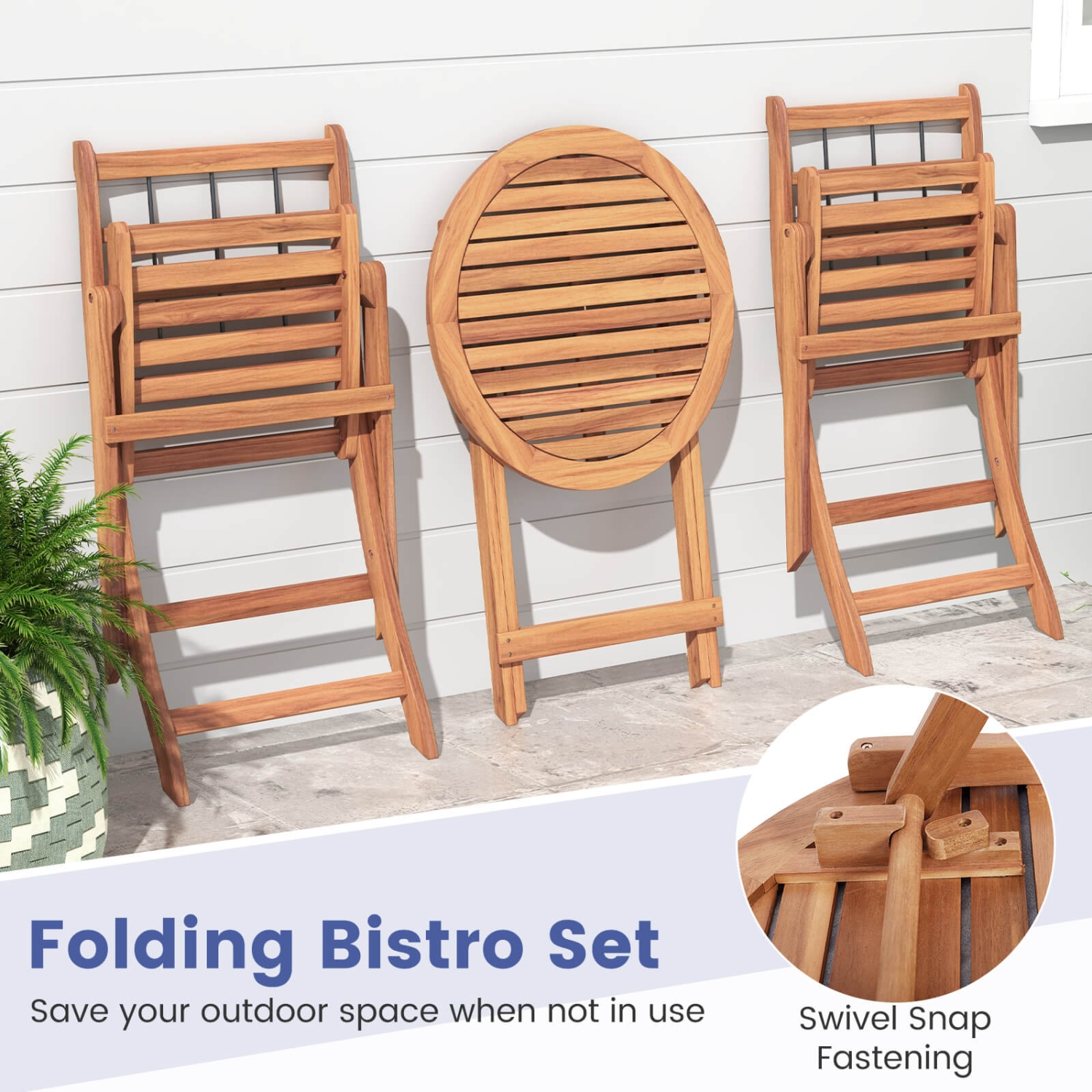 Costway 3 PCS Acacia Wood Patio Bistro Set Folding Outdoor Table and Chairs with Cushions