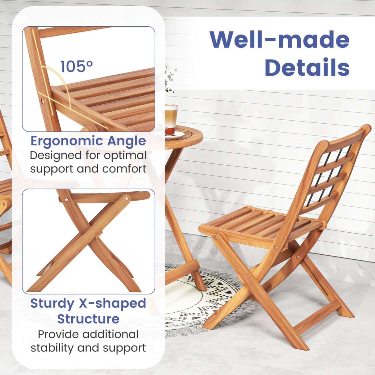 Costway 3 PCS Acacia Wood Patio Bistro Set Folding Outdoor Table and Chairs with Cushions