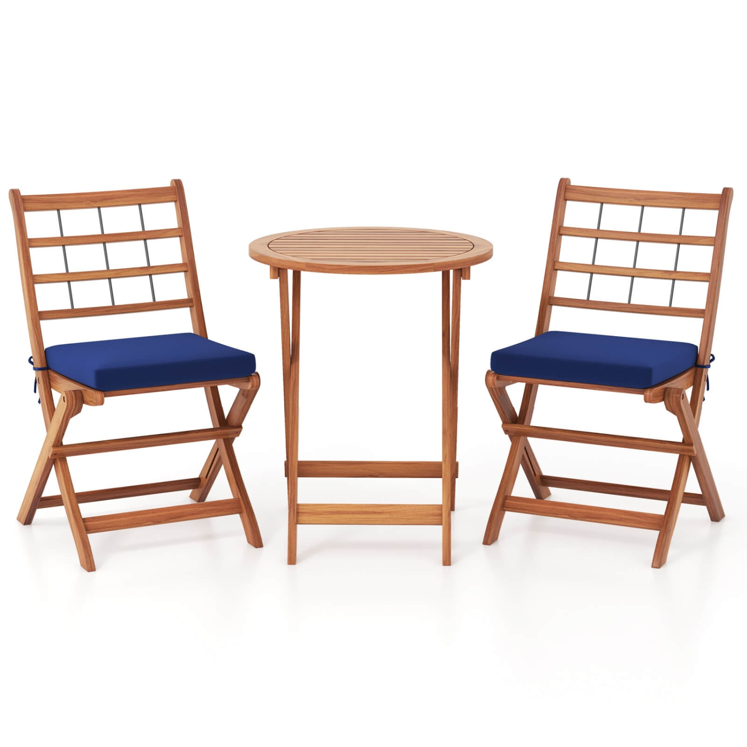 Costway 3 PCS Acacia Wood Patio Bistro Set Folding Outdoor Table and Chairs with Cushions