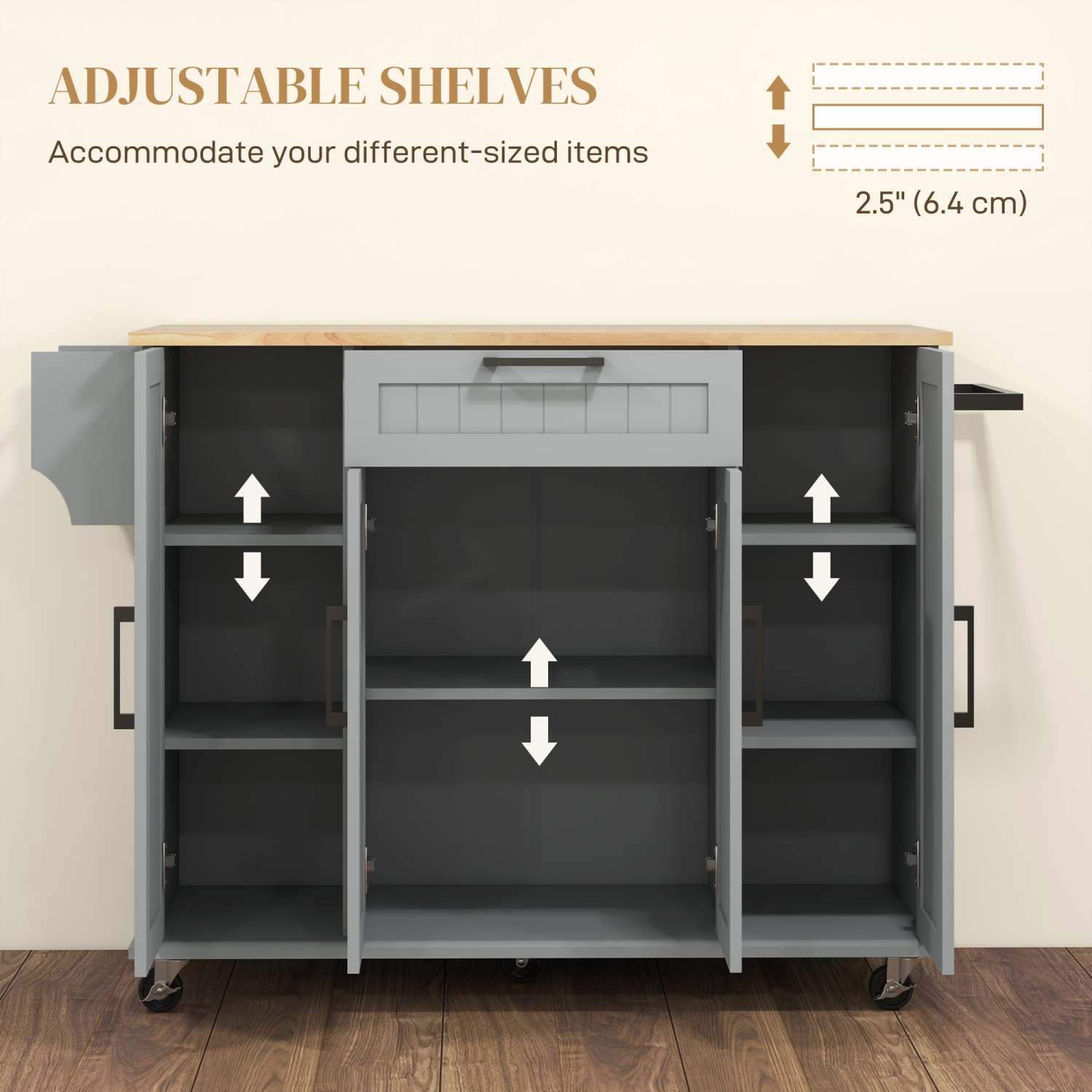 HOMCOM Kitchen Island with Storage, Rolling Kitchen Cart with Rubberwood Top, Drawer, Spice Rack, Towel Rack, Storage Cabinet with Inner Adjustable