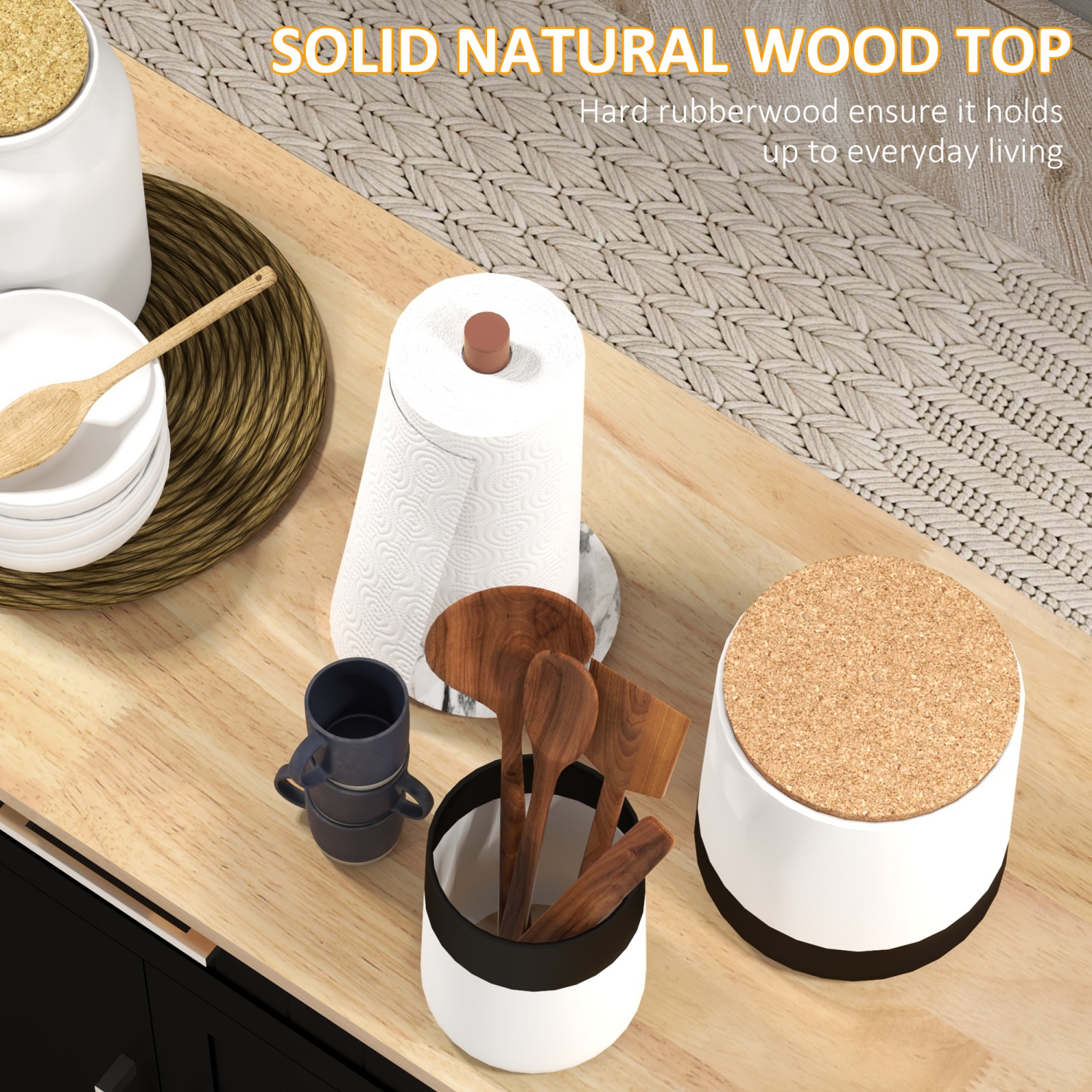 HOMCOM – îlot de cuisine avec rangement, chariot de cuisine roulant avec dessus en hévéa, tiroir, support à épices, porte-serviettes, armoire de