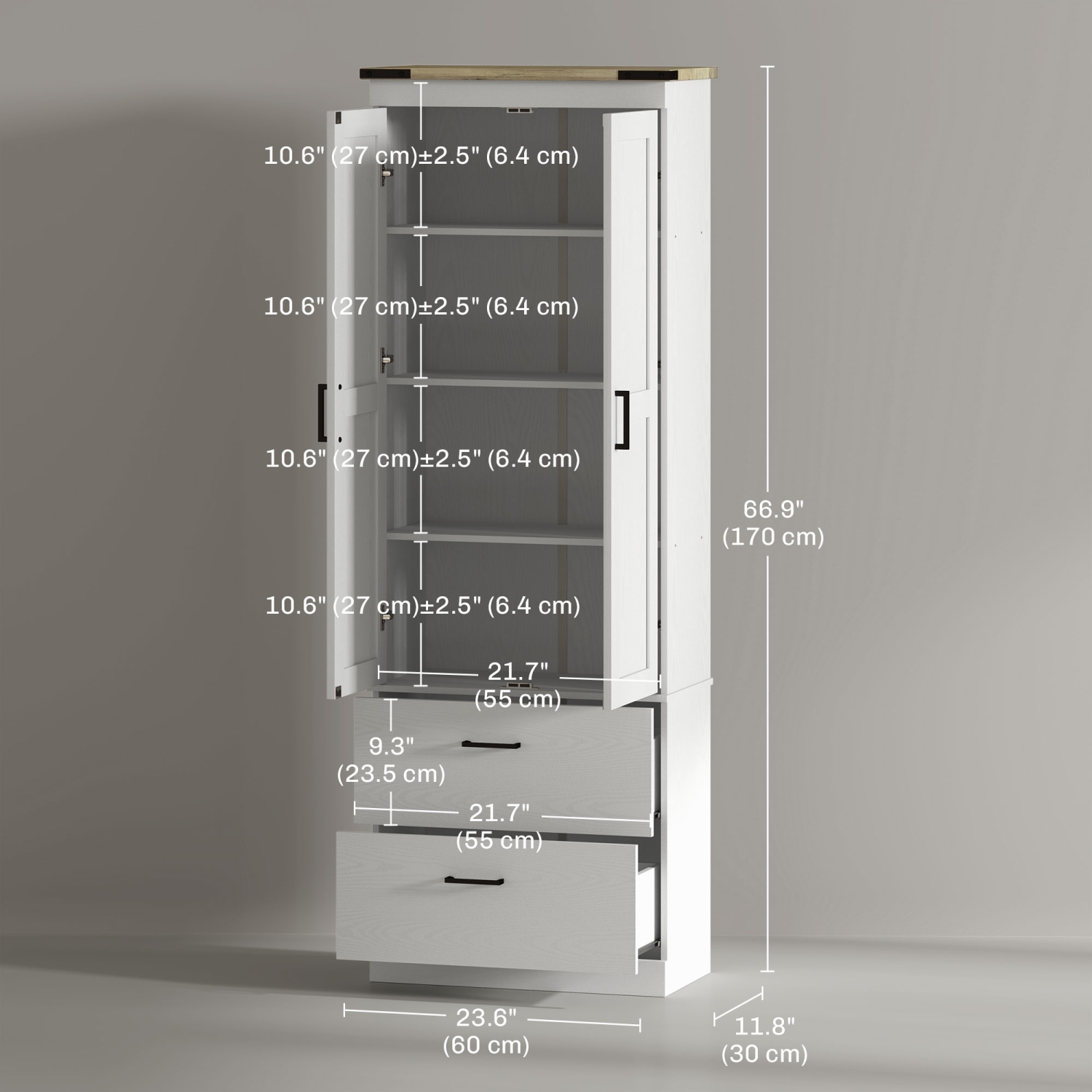 HOMCOM 67" Tall Kitchen Pantry Cabinet, Farmhouse Freestanding Buffet Storage Cabinet with Doors, Drawers and Adjustable Shelves, Cream White Wood