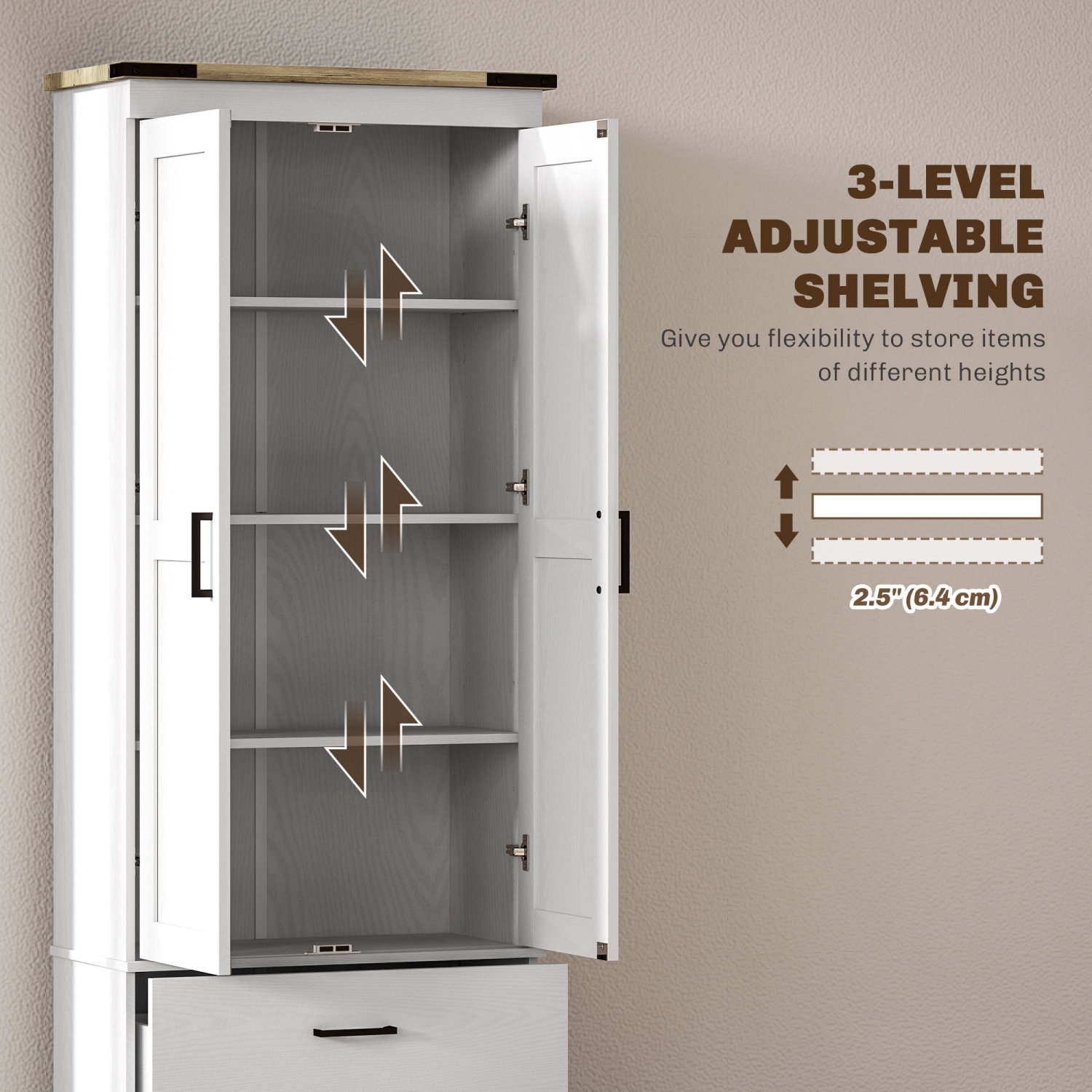 HOMCOM 67" Tall Kitchen Pantry Cabinet, Farmhouse Freestanding Buffet Storage Cabinet with Doors, Drawers and Adjustable Shelves, Cream White Wood