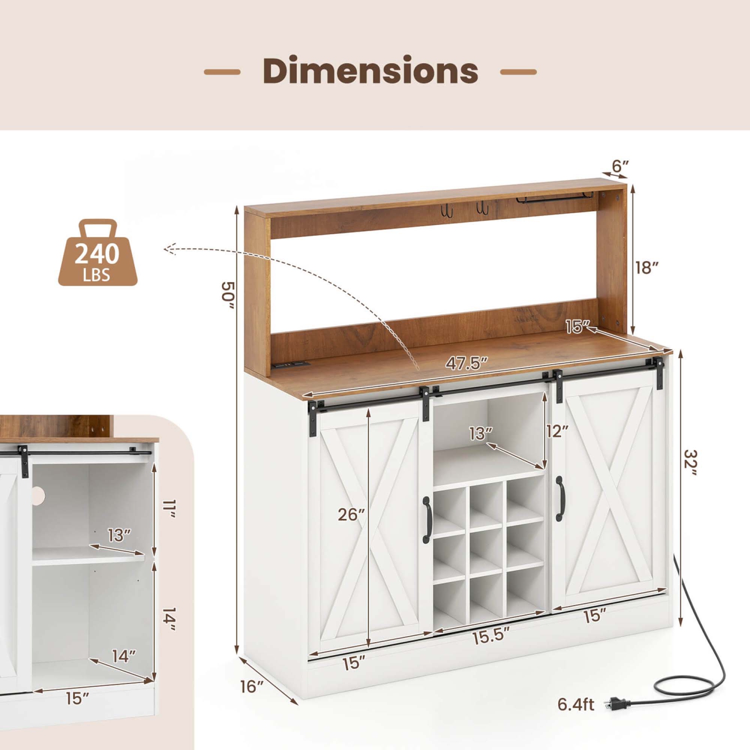 Armoire de bar champêtre de 47,5 po avec station de recharge porte-gobelets en verre de Costway