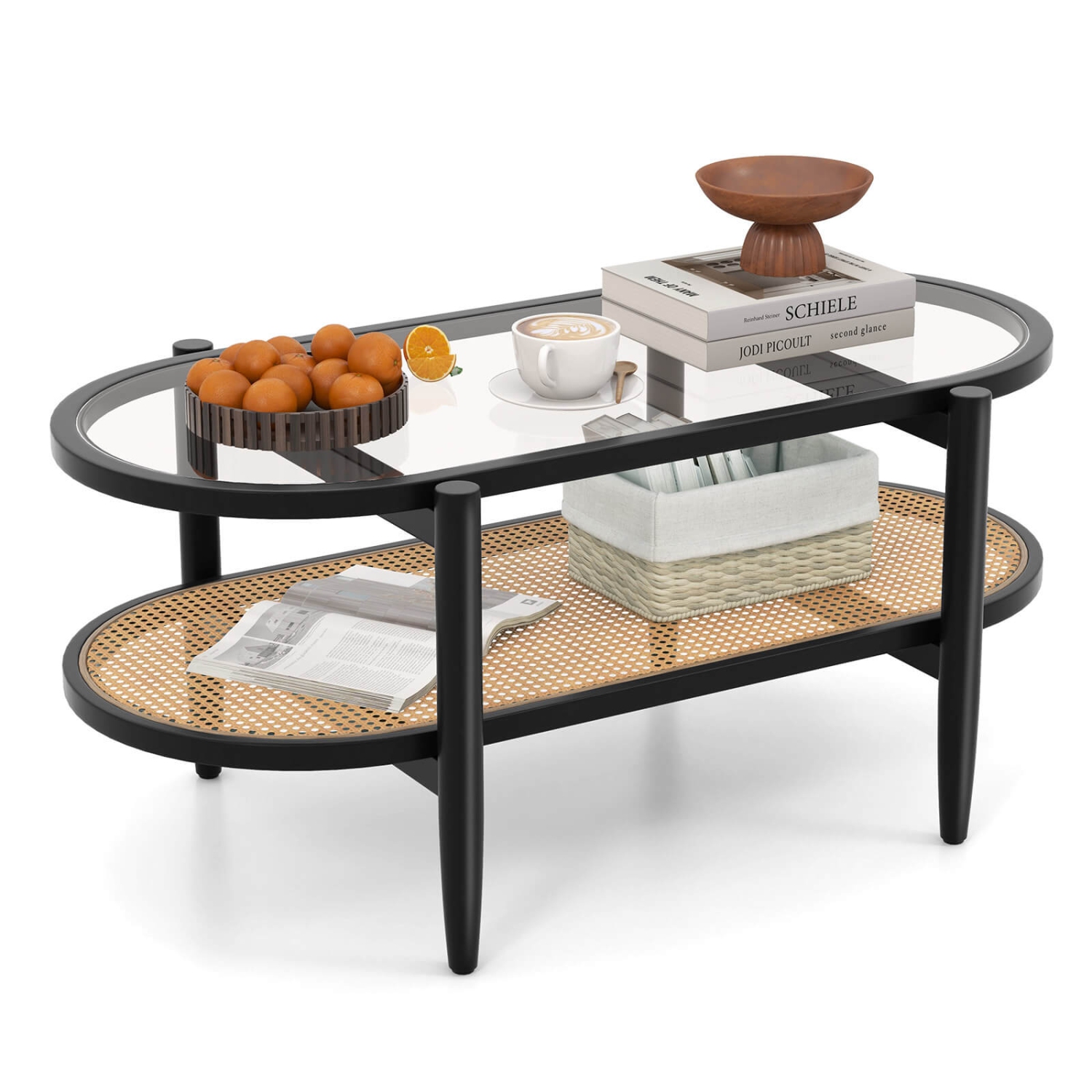 Costway 2-Tier Coffee Table Tempered Glass Top with PE Rattan Shelf & Acacia Wood Frame