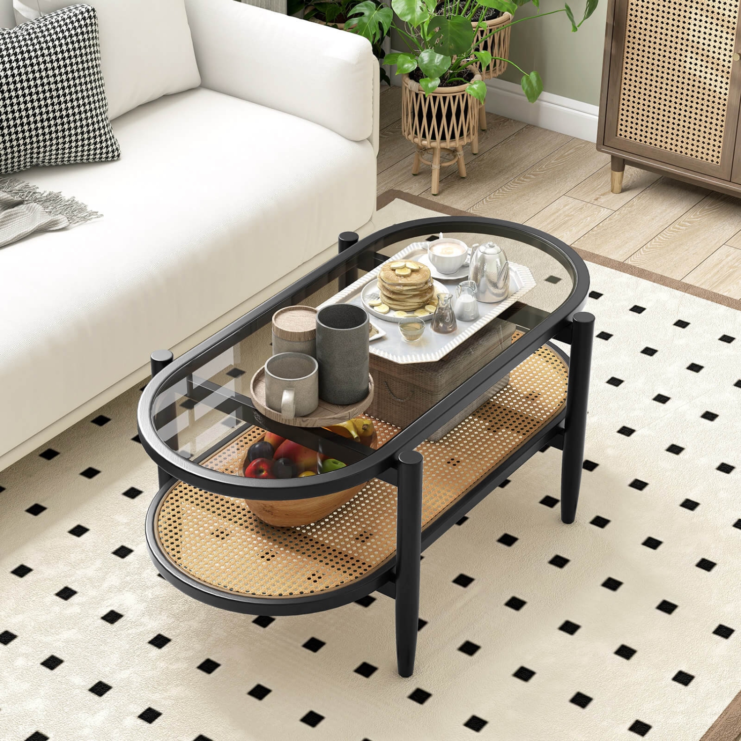 Costway 2-Tier Coffee Table Tempered Glass Top with PE Rattan Shelf & Acacia Wood Frame