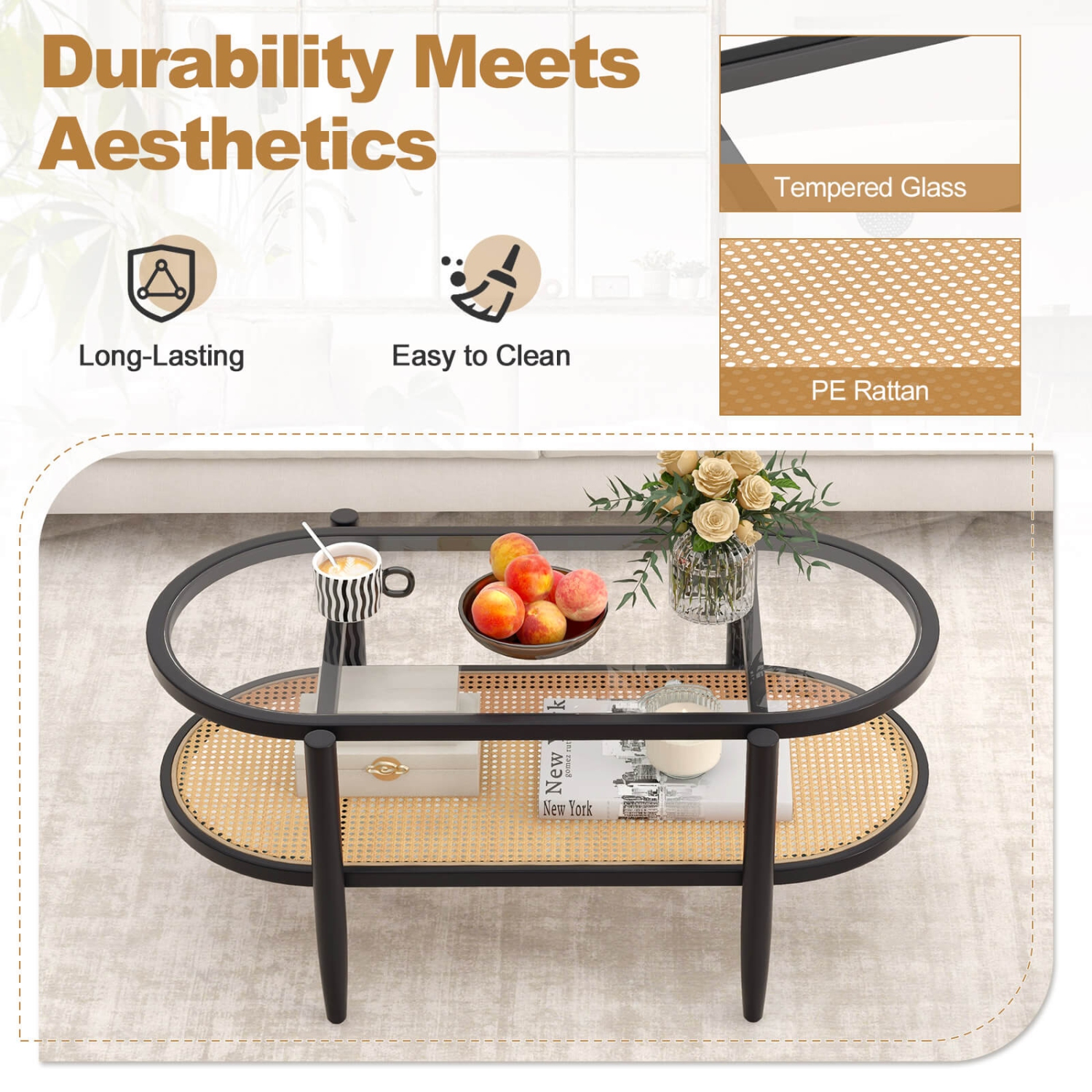 Costway 2-Tier Coffee Table Tempered Glass Top with PE Rattan Shelf & Acacia Wood Frame