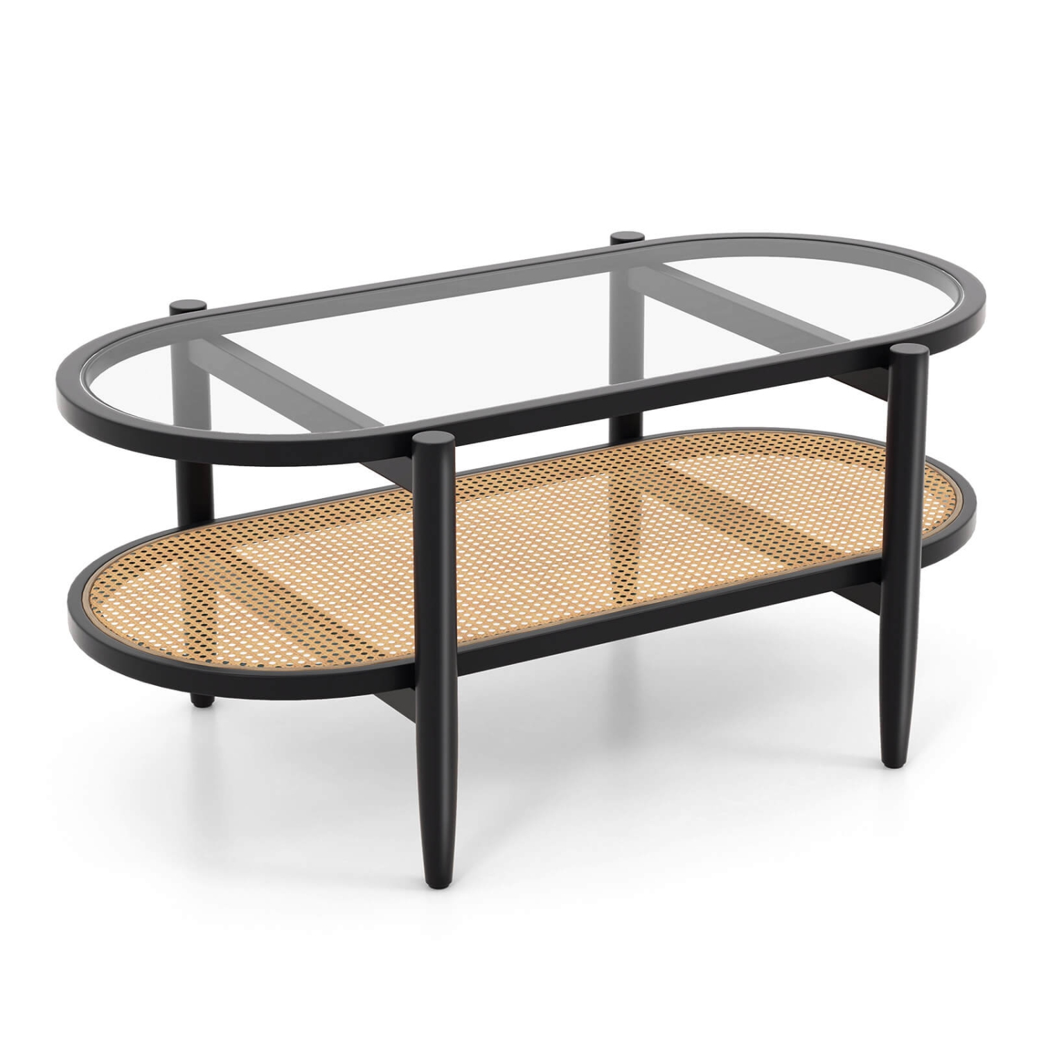 Costway 2-Tier Coffee Table Tempered Glass Top with PE Rattan Shelf & Acacia Wood Frame