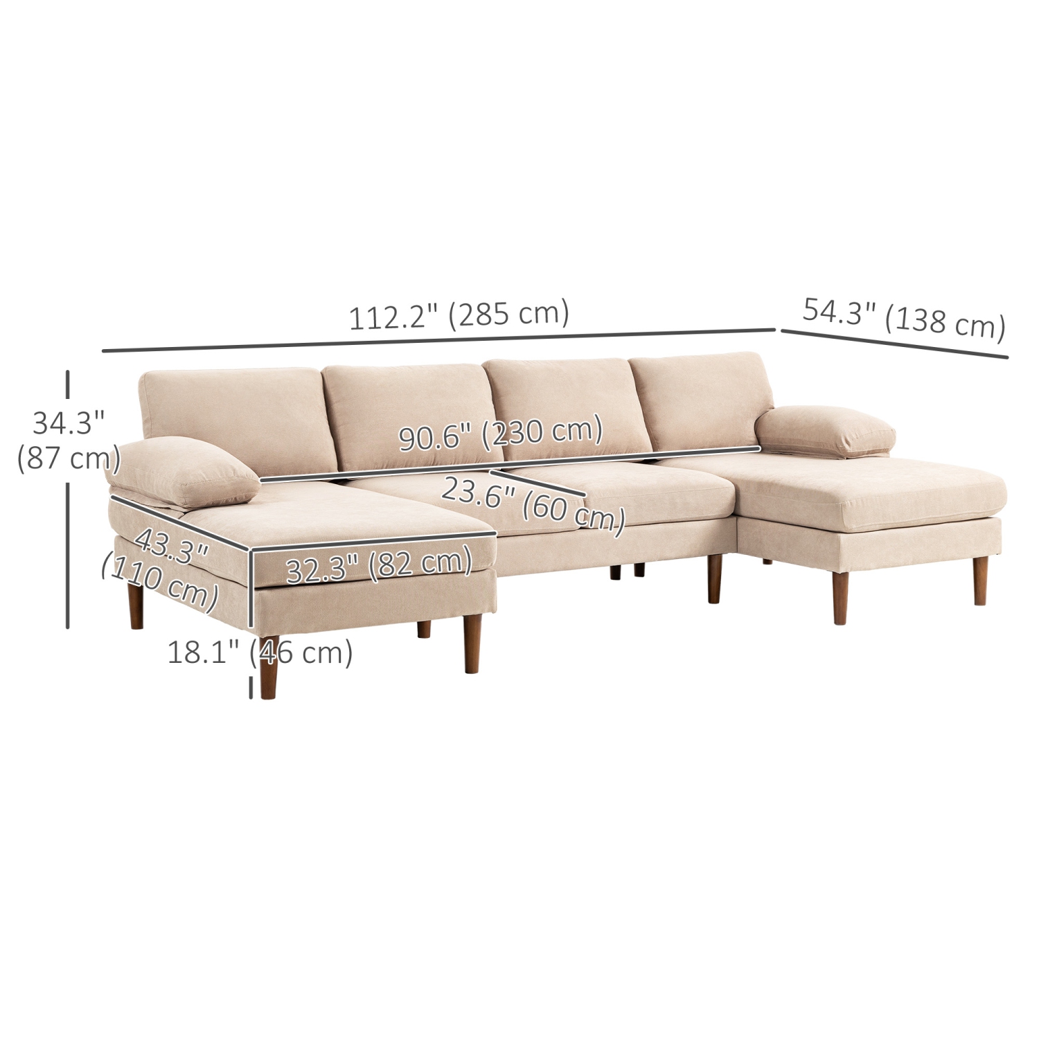HOMCOM – Sofa modulaire en coin 4 places avec chaise longue double, canapé moderne en U avec pattes et accoudoirs en bois, canapé en tissu pour