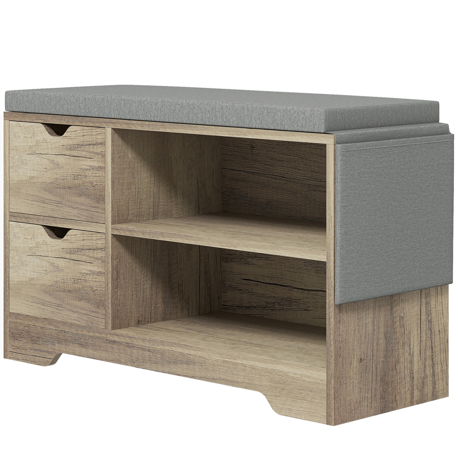 HOMCOM Shoe Bench with Storage, Modern Upholstered Entryway Bench with Open Shelves, Drawers, Pocket and Padded Cushion for Living Room, Hallway, Grey