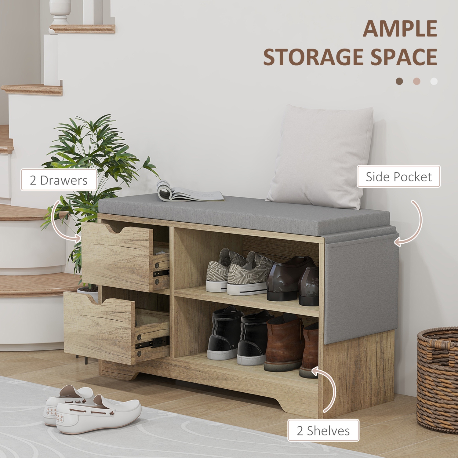 HOMCOM Shoe Bench with Storage, Modern Upholstered Entryway Bench with Open Shelves, Drawers, Pocket and Padded Cushion for Living Room, Hallway, Grey