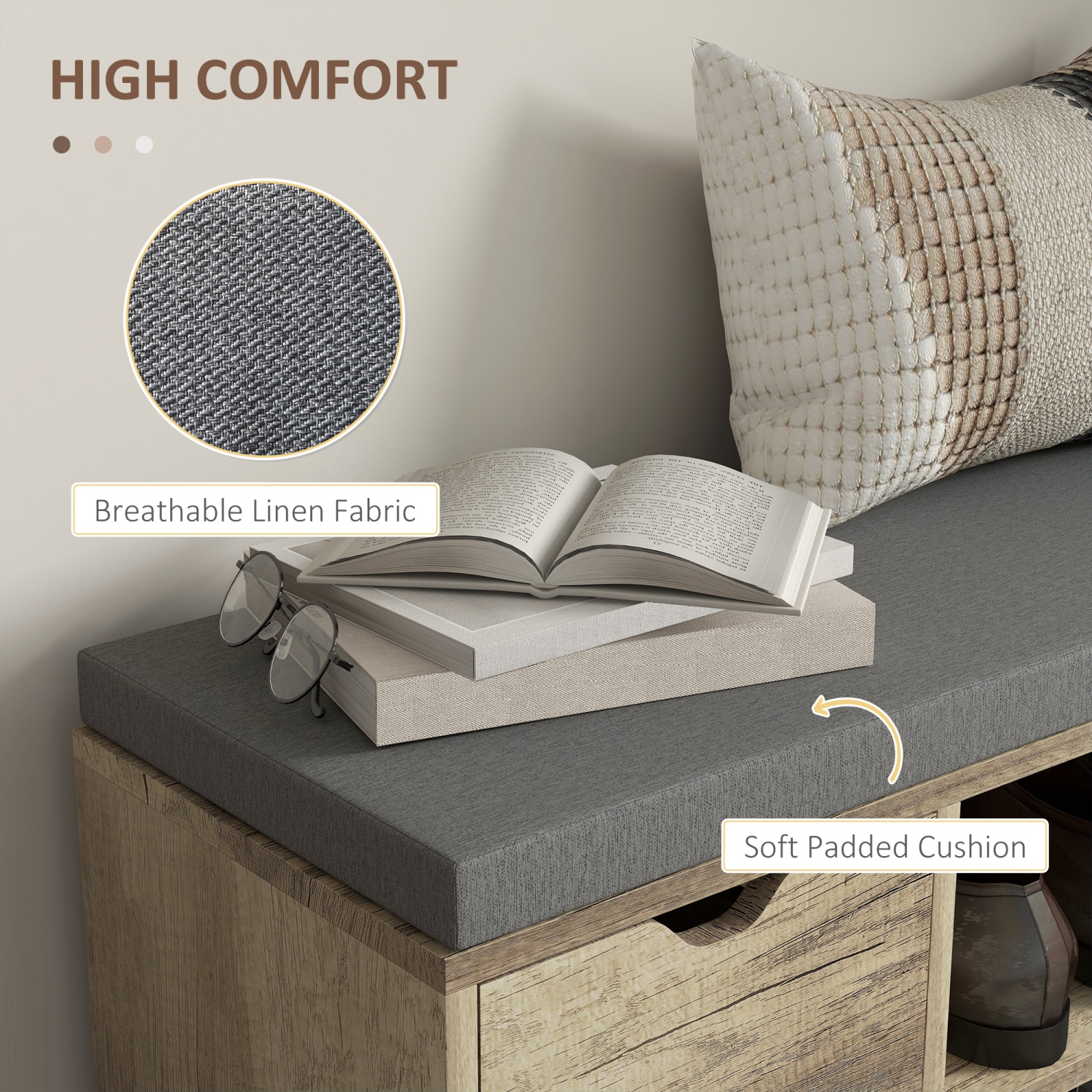 HOMCOM Shoe Bench with Storage, Modern Upholstered Entryway Bench with Open Shelves, Drawers, Pocket and Padded Cushion for Living Room, Hallway, Grey