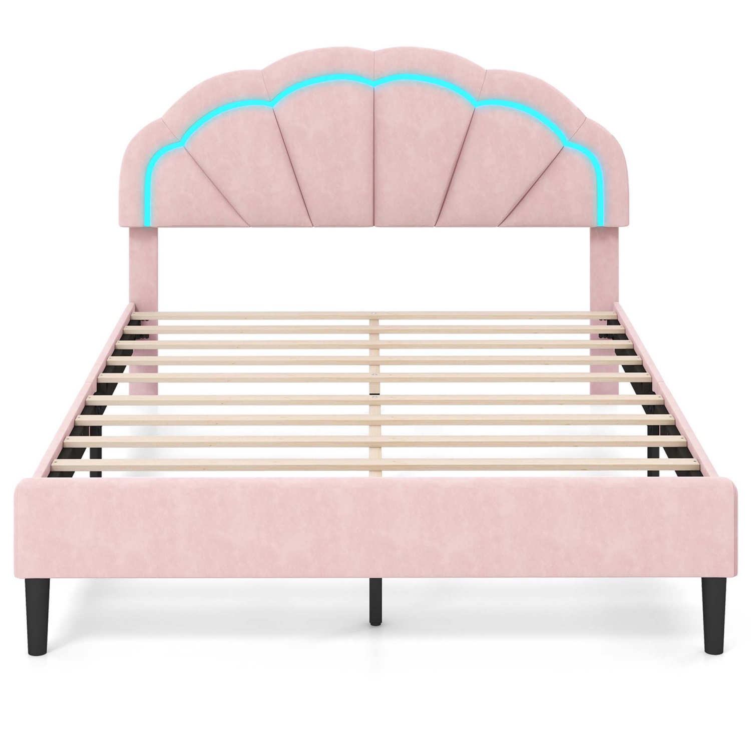 Costway Queen Size Upholstered LED Bed Frame Soft Velvet Platform Bed with Flower Headboard