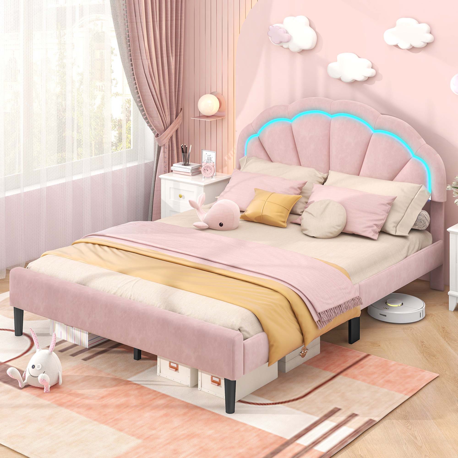 Costway Queen Size Upholstered LED Bed Frame Soft Velvet Platform Bed with Flower Headboard