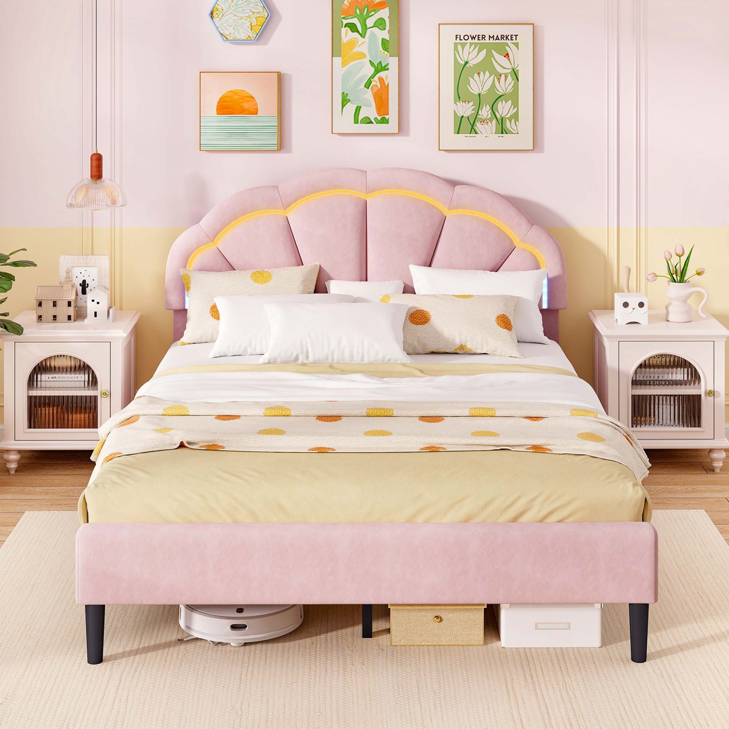 Costway Queen Size Upholstered LED Bed Frame Soft Velvet Platform Bed with Flower Headboard