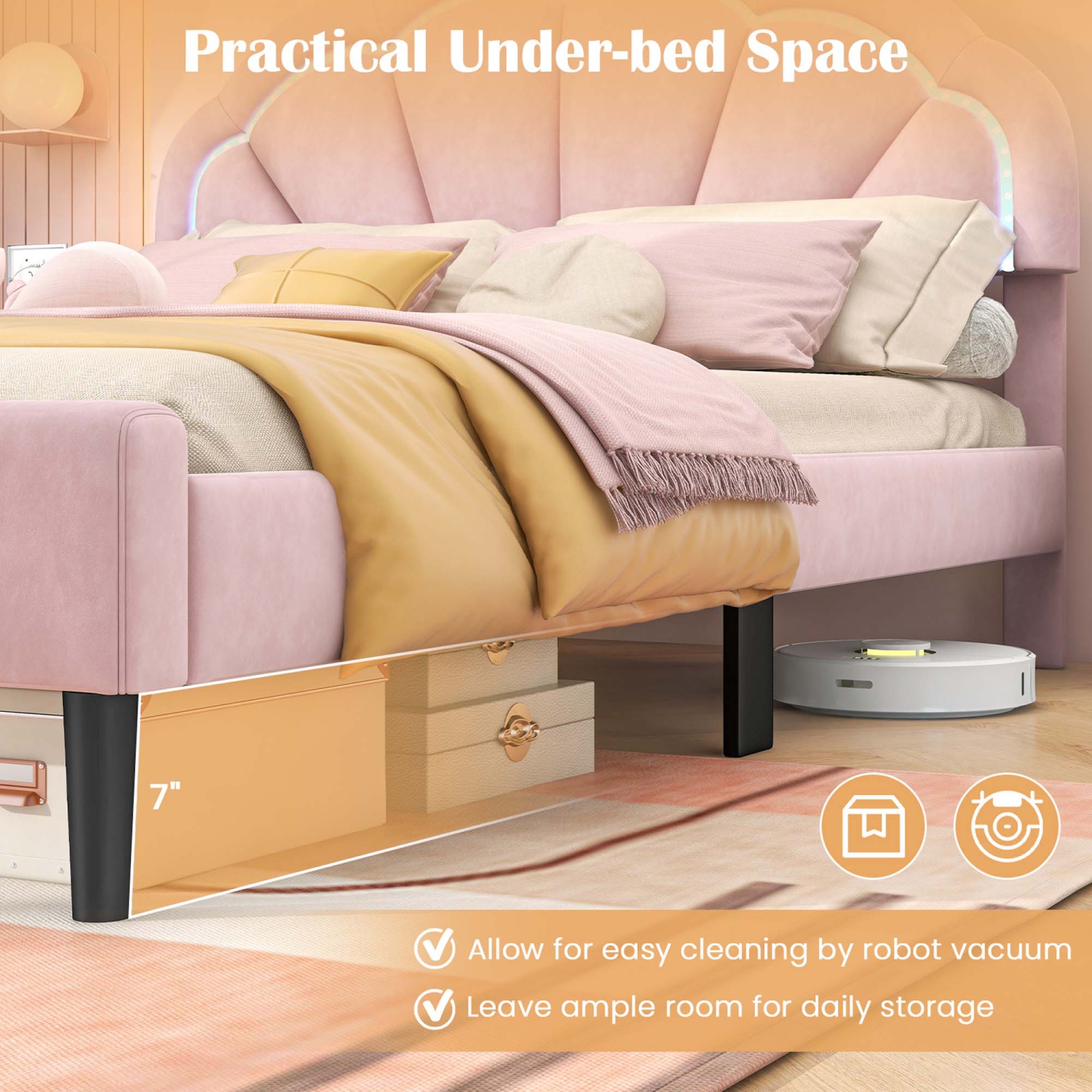 Costway Queen Size Upholstered LED Bed Frame Soft Velvet Platform Bed with Flower Headboard